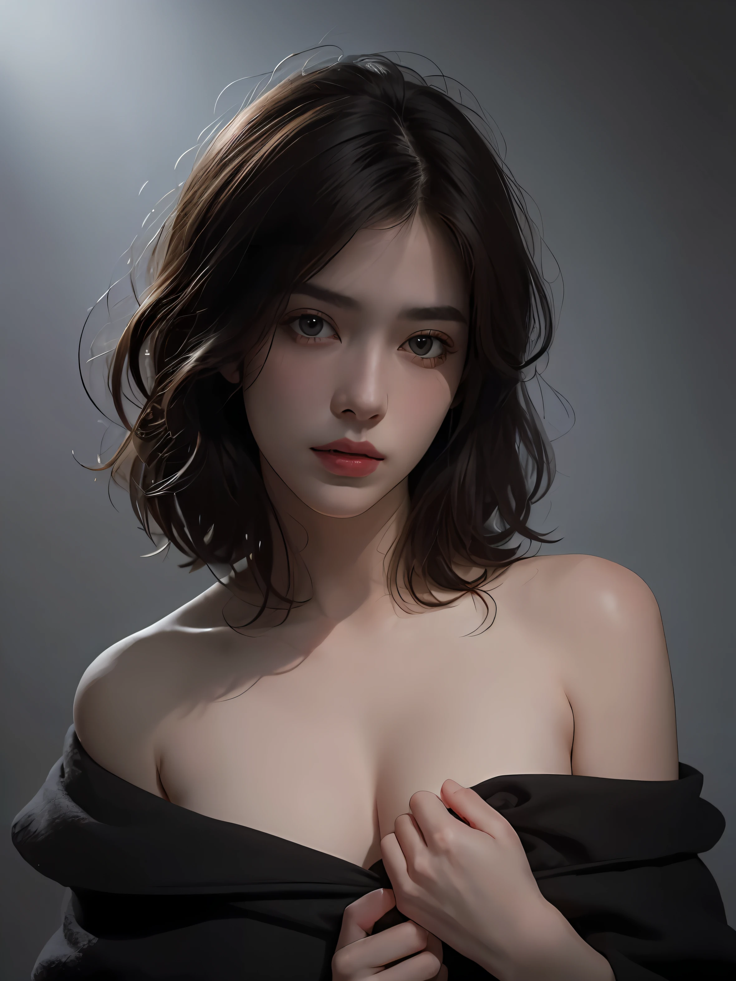 Best quality, masterpiece, ultra high res, (photorealistic:1.5), raw photo, 1girl, offshoulder, in the dark, deep shadow, low key, cold light, sexy look, short hair