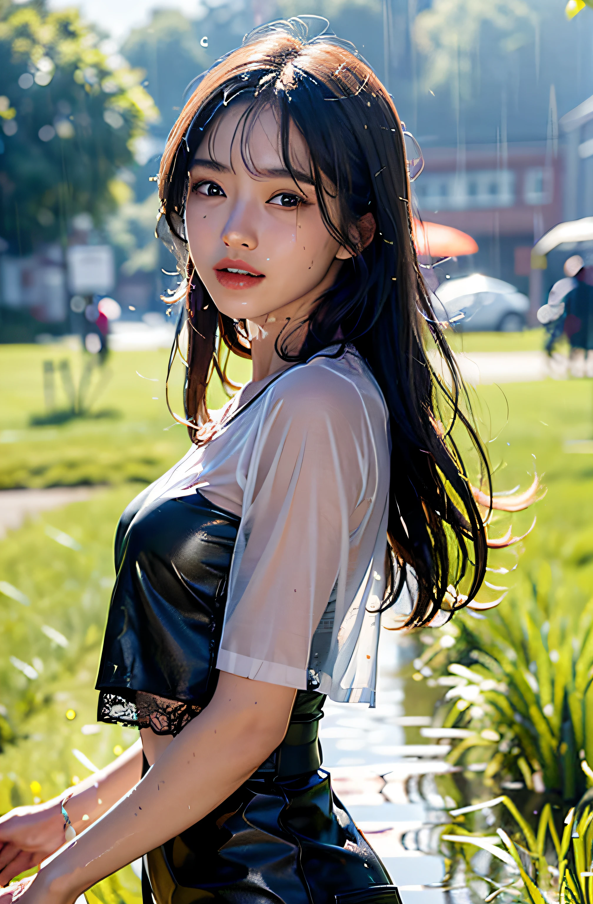best qualtiy、masterpiece、photoRealstic、intricate-detail、Raw foto、Photon Rendering、Octane Rendering、absurderes、ultra-detailliert、A detailed face、Detailed skin、Trending in art stations、8K Masterpiece、lighting like a movie、( (1girl in))、((独奏) ))、((Behold))、CG Social Trends、Plastic En、((Black Long Hair))、((Beautuful Women))、(A smile)、show the grinps、Upper teeth、Fashionable、summer clothing、Hair that flutters in the wind、((Flowing hair))、fashion magazine、(A sexy)、((lighting like a movie))、((grass field))、((a heavy rain))、((stormy))、((Wet with rain))、((wetted skin))、((wetting hair))、((Wet clothes))、((Drenched))、((Clothes are see-through))、(Frolic)、