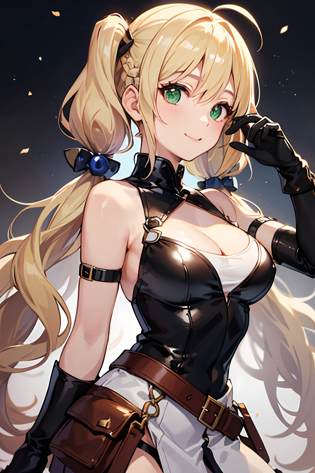 (NSFW:1.2)(best quality, masterpiece, highres,e:1.2)(kawaii)(Beautiful face)(Petite:1.4 ), ((Blonde hair:1.4),Wavy hair, Hair Between Eyes, ((low twintails:1.4)), Braids , side locks, Ahoge, flipped hair )hair ornaments,(Green eyes:1.2) ,Steampunk, (London street fashion:1.1)engineer,(white sleeveless sundress:1.4), Belt, Bracelet , (Leather gloves:1.4)(tighstrap)(Looking up:1.2) ,Cowboy Shot,(Dynamic Angle, (close to viewer:1.2), Focus Face, fish-eye lens,(white back)),(hands on own face),light smile
