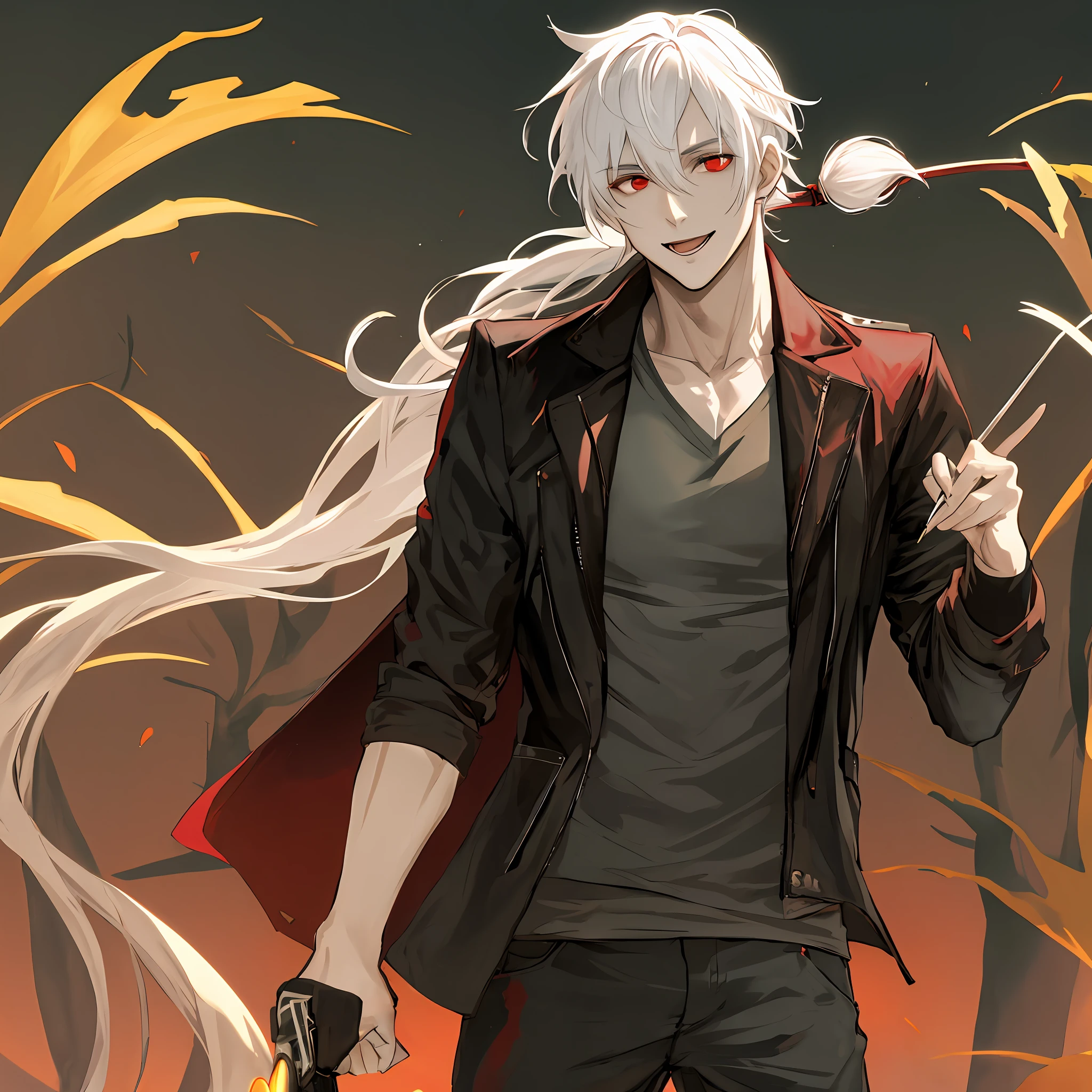 male people，cool guy，solo person，White hair，Red eyes，Vampires，Eat lollipops，Low color saturation，stream of consciousness，High ponytail，ssmile