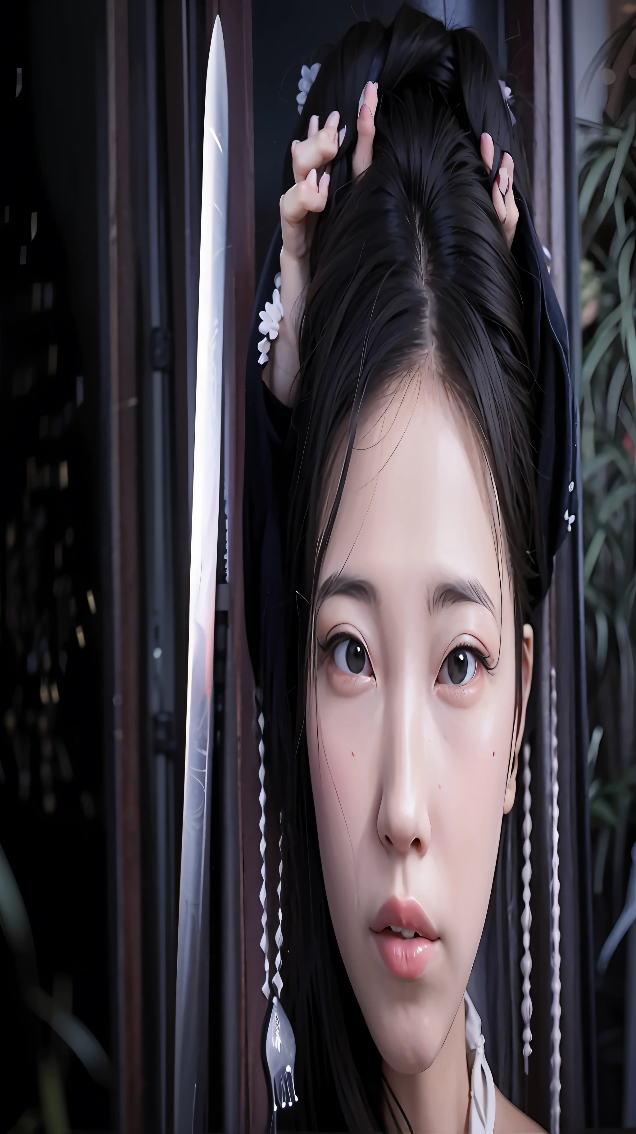 There was a woman，A flower stuck in his hair，sword，holding a longsword ， A girl in Hanfu, China Princess, Hanfu,Gorgeous costumes，cinematric light，SENSE OF CINEMA，Wallpapers， Full body photo，Vertical long chart，inspired by Wu Bin, inspired by Gu An, cover photo portrait of du juan, Inspired by Tang Yifen, iu lee ji-eun as a super villain, a young woman as genghis khan, Inspired by Qiu Ying