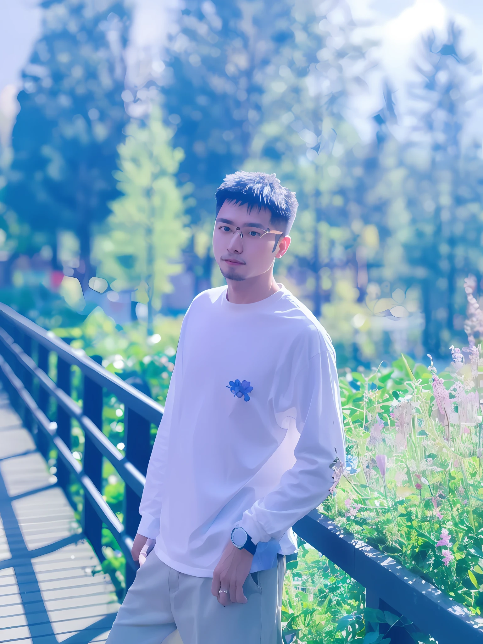 The Arafad stood on the bridge，Holding a flower in hand, xintong chen, in front of a forest background, in the middle of nature, jinyiwei, Li Zixin, steve zheng, ryan jia, on the garden, yanjun cheng, huifeng huang, yihao ren, inspired by Huang Gongwang, Leng Jun