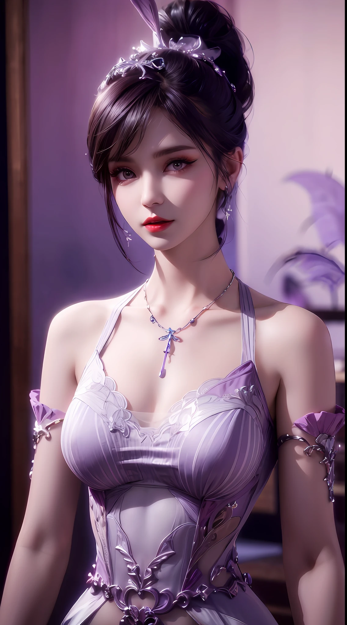 1 beautiful girl in Han costume, thin purple silk shirt with white color with many textures, white lace top, long platinum purple ponytail, hair jewelry, ear jewelry, light purple rabbit ears, necklace and necklace, meticulously drawn large purple eyes, meticulous makeup, thin eyebrows, high nose, lovely red lips, not smiling, pursed lips, rosy cheeks, wide breasts, big breasts , well-proportioned bust, slim waist, purple mesh socks, chinese hanfu style, fictitious art textures, vivid and realistic colors, RAW photos, realistic photos, ultra high quality 8k surreal photos, (effective fantasy light effect: 1.8), 10x pixel, magic effect (background): 1.8), super detailed eyes, girl body portrait, ancient hanfu background,