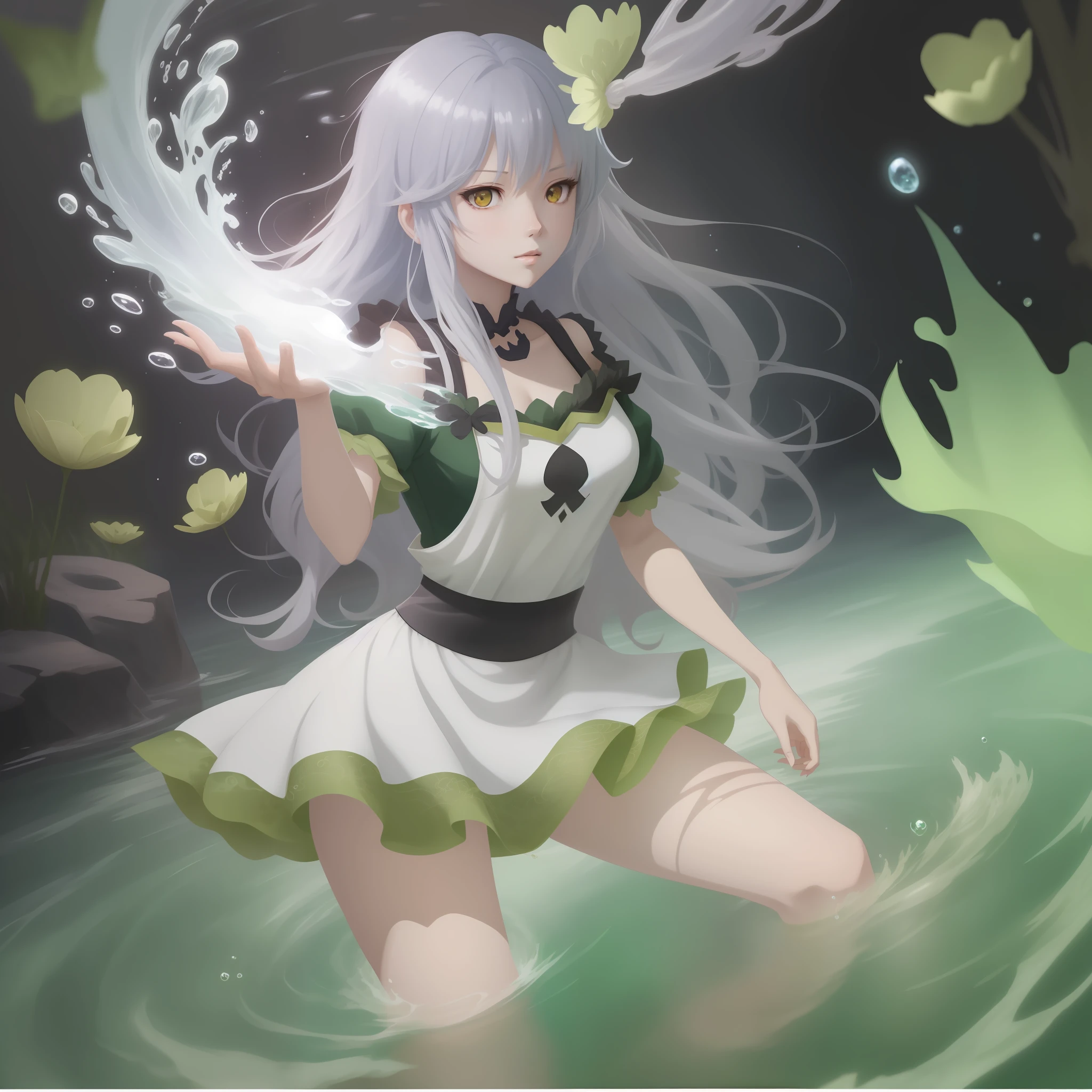 anime girl with long white hair and green dress in water, Splash art anime Loli, author:Shitao, Ayaka Genshin impact, Keqing from Genshin Impact, shadowverse style, Detailed digital anime art, Loish et WLOP, anime fantasy illustration, Anime fantasy artwork, beautiful fantasy anime, ayaka game genshin impact, detailed anime art
