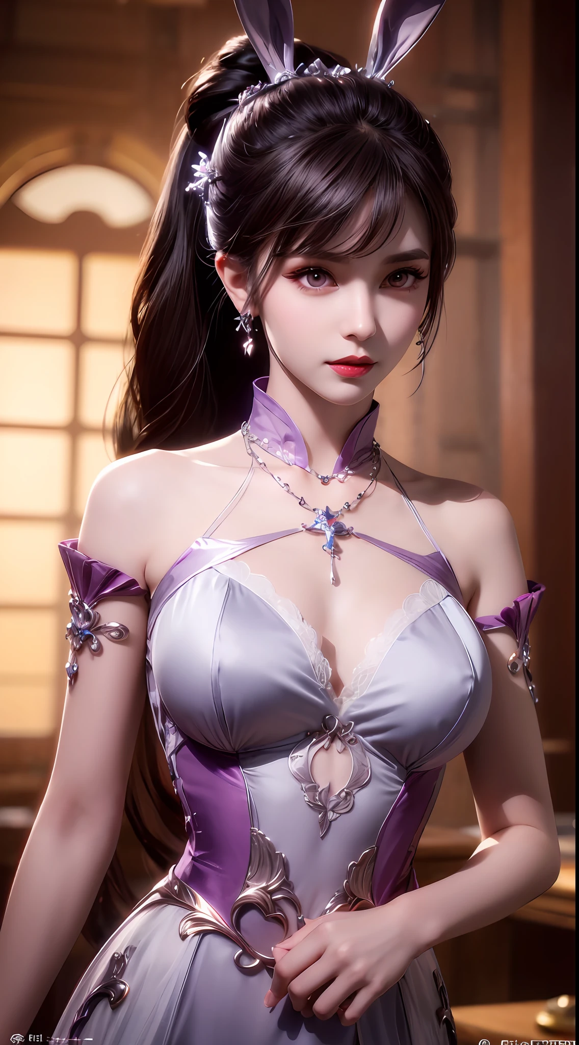 1 beautiful girl in Han costume, thin purple silk shirt with white color with many textures, white lace top, long platinum purple ponytail, hair jewelry, ear jewelry, light purple rabbit ears, necklace and necklace, meticulously drawn large purple eyes, meticulous makeup, thin eyebrows, high nose, lovely red lips, not smiling, pursed lips, rosy cheeks, wide breasts, big breasts , well-proportioned bust, slim waist, purple mesh socks, chinese hanfu style, fictitious art textures, vivid and realistic colors, RAW photos, realistic photos, ultra high quality 8k surreal photos, (effective fantasy light effect: 1.8), 10x pixel, magic effect (background): 1.8), super detailed eyes, girl body portrait, ancient hanfu background,