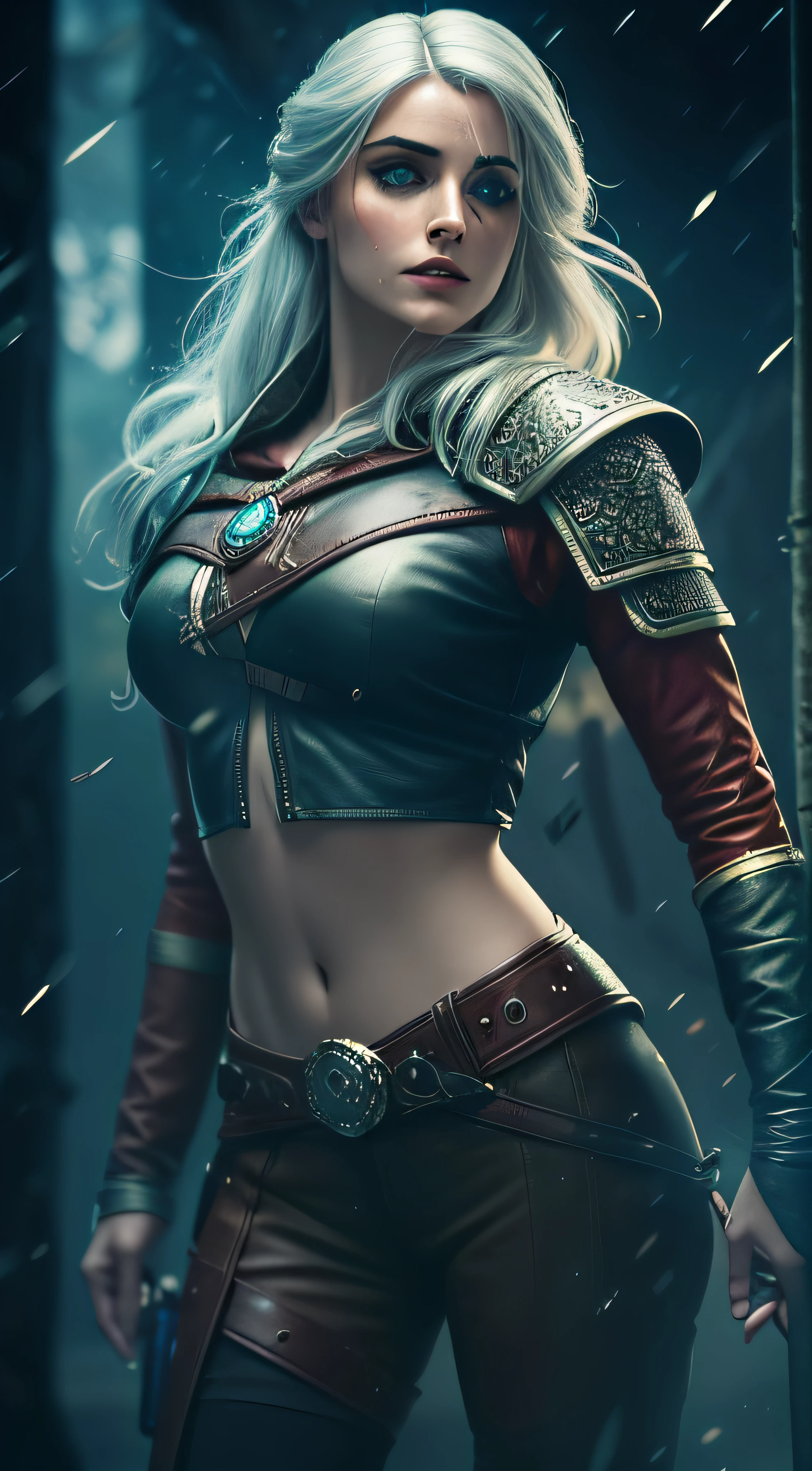 (extremamente detalhado CG unidade 8k papel de parede,master part, best quality, ultra-detalhado),(atmosfera tempestuosa, escuro e arenoso, um feroz e determinado),(1girl),Ciri from the Witcher game series, Espada de Prata, armadura preta, Capa Escarlate, olhar intenso, intense illumination, glowing magic effect.