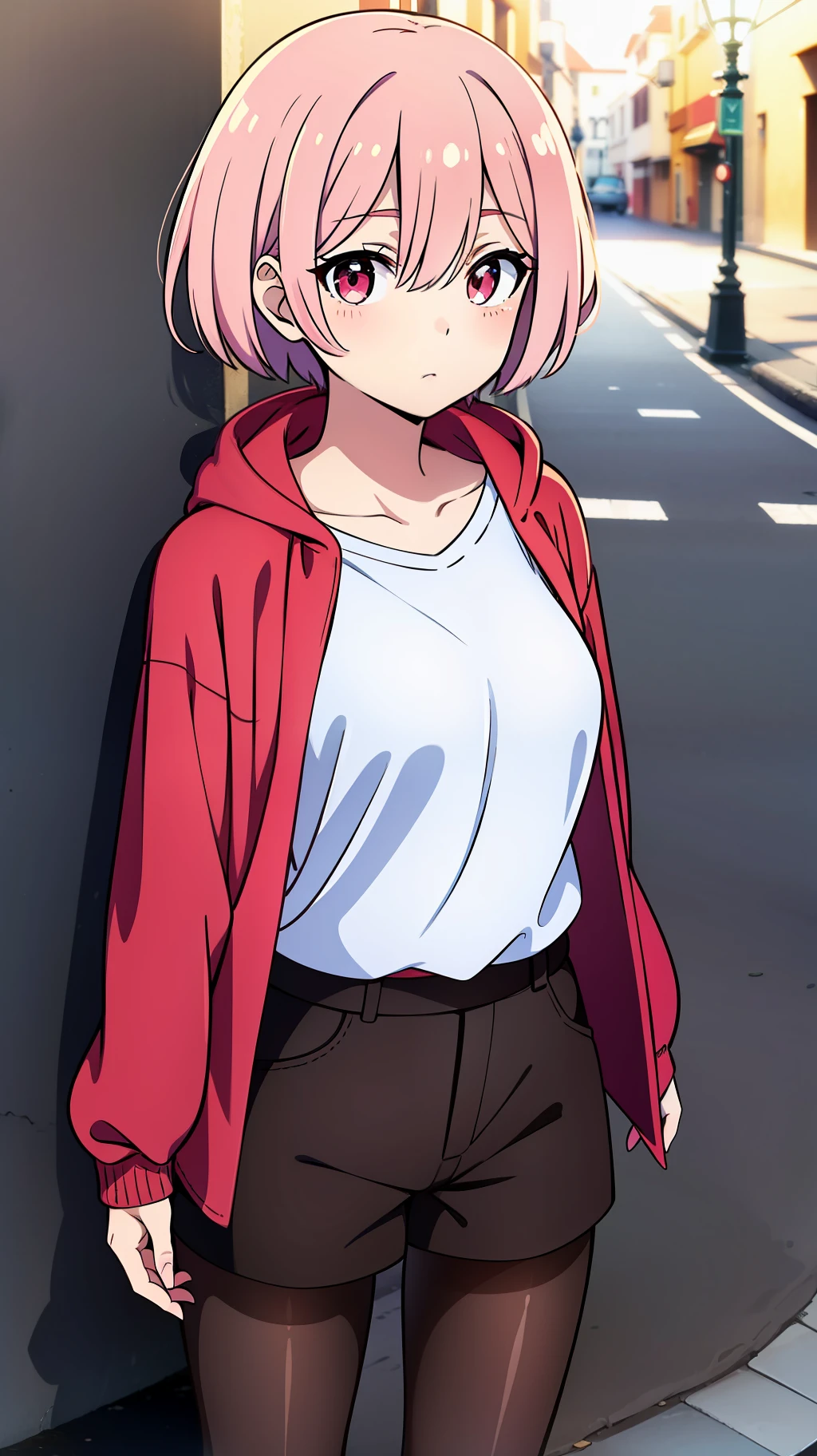 REM REZERO, cabello corto rosa, ojos rojos, rostro neutral, Sudadera con capucha de chaqueta roja, Camisa azul, dark shorts, pantyhose, en medio de la calle, portrait,