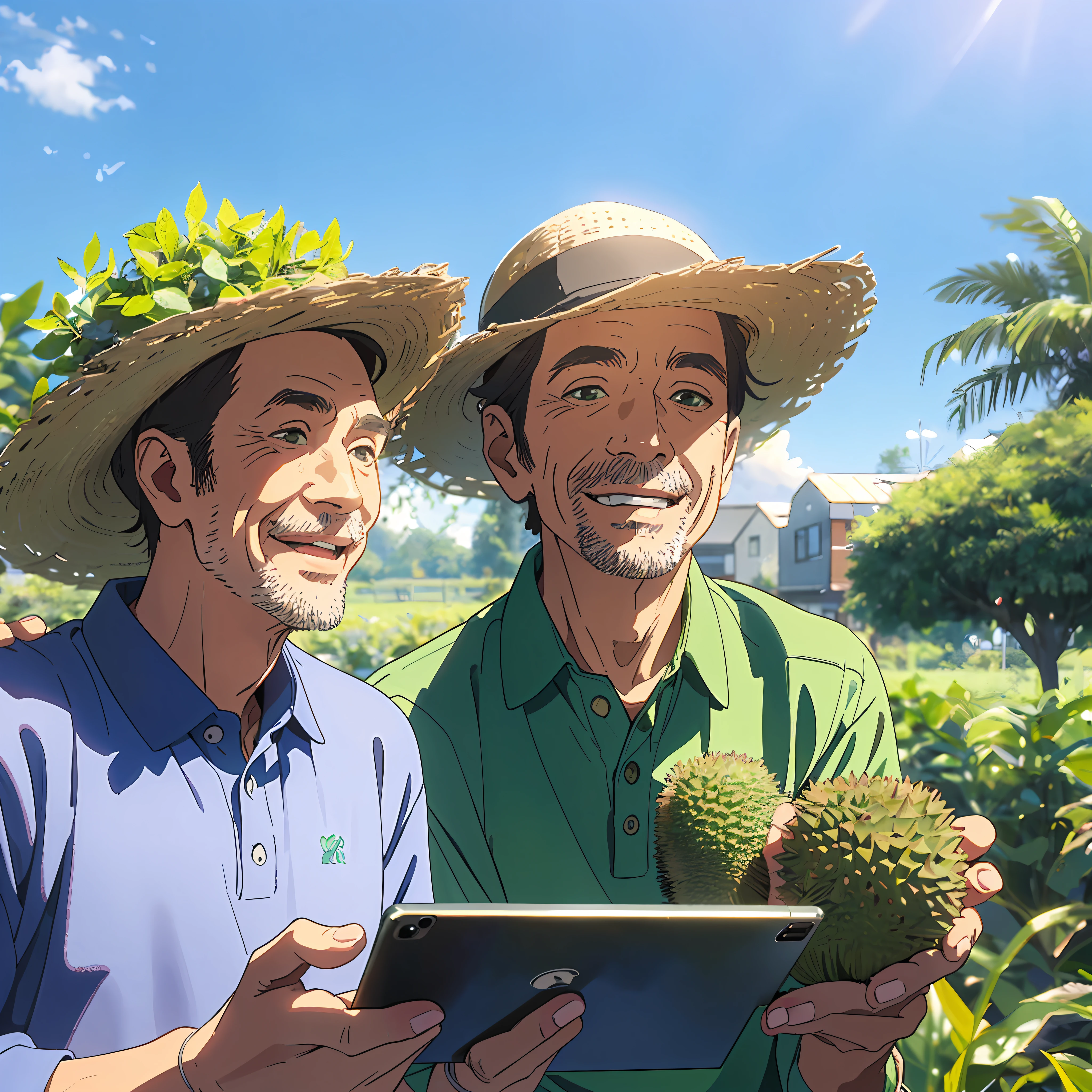 handsome farmer uncle holding an iPad in durian garden, beautiful scenery, clear picture quality, blue sky, ((wearing green polo)), ((wearing black cap)), (happy face), farmer uncle and his family in garden, happiness,