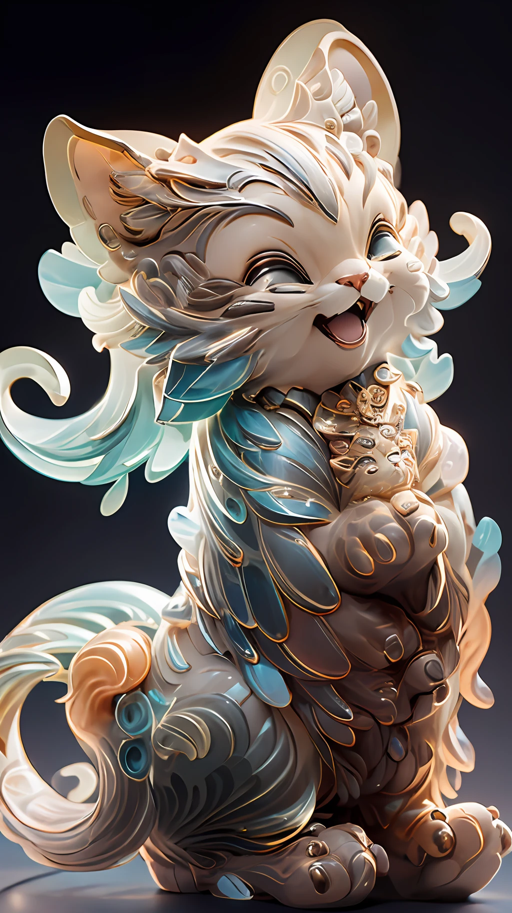 in the shape of a cat，Bling background，Dreamy colors，Transparent statue，florals，Big eyes，Open-mouthed，laughingly，tmasterpiece，（best qualtiy：1.3）， full bodyesbian，Ling_Long