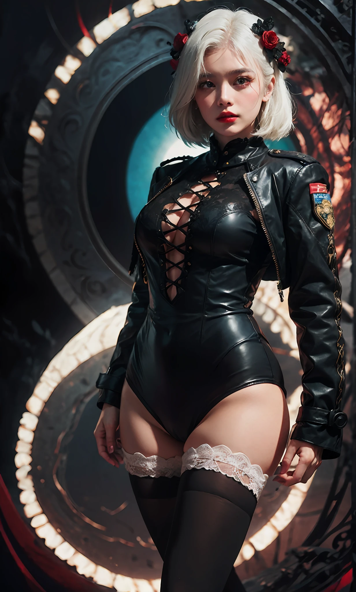 1girll，White color hair，Various hairstyles，Wear a black flower on your head，beauitful face，crisp breasts，Convex buttocks，Wearing a black gauze tights，Wear a black wristband，Black lace-up heels，Wearing a black military uniform overcoat，The inside of the coat is red，perfectly proportioned, Cinematic lighting, filmgrain, Fujicolor, lightand shade contrast, 8K, 巨作, Textured skin, Super detail, high detal, High quality, A high resolution,