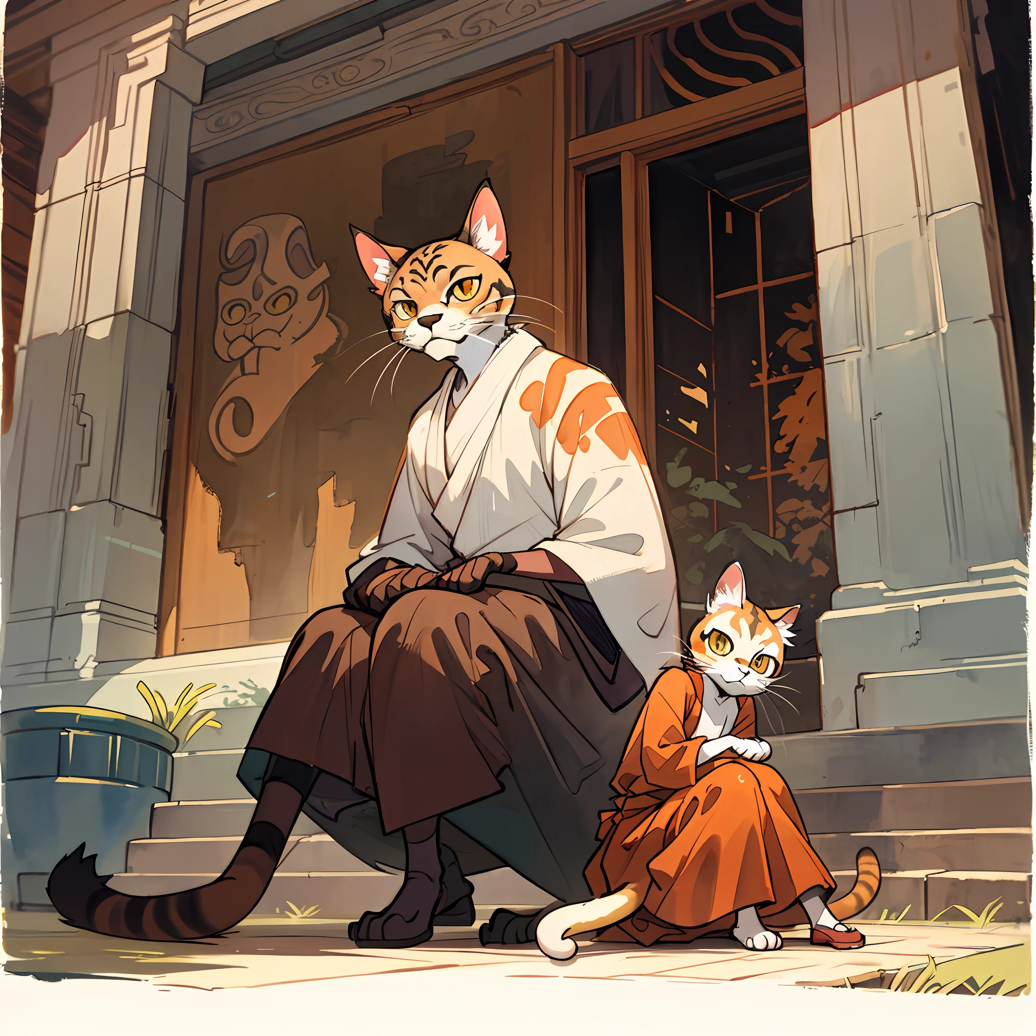 there is a Abecean Ratter Cat that is sitting on the ground in front of a building, rusty brown molted fur, tabaxi male, tabaxi monk, cattie ,masterpiece, best quality, in watercolor painting style