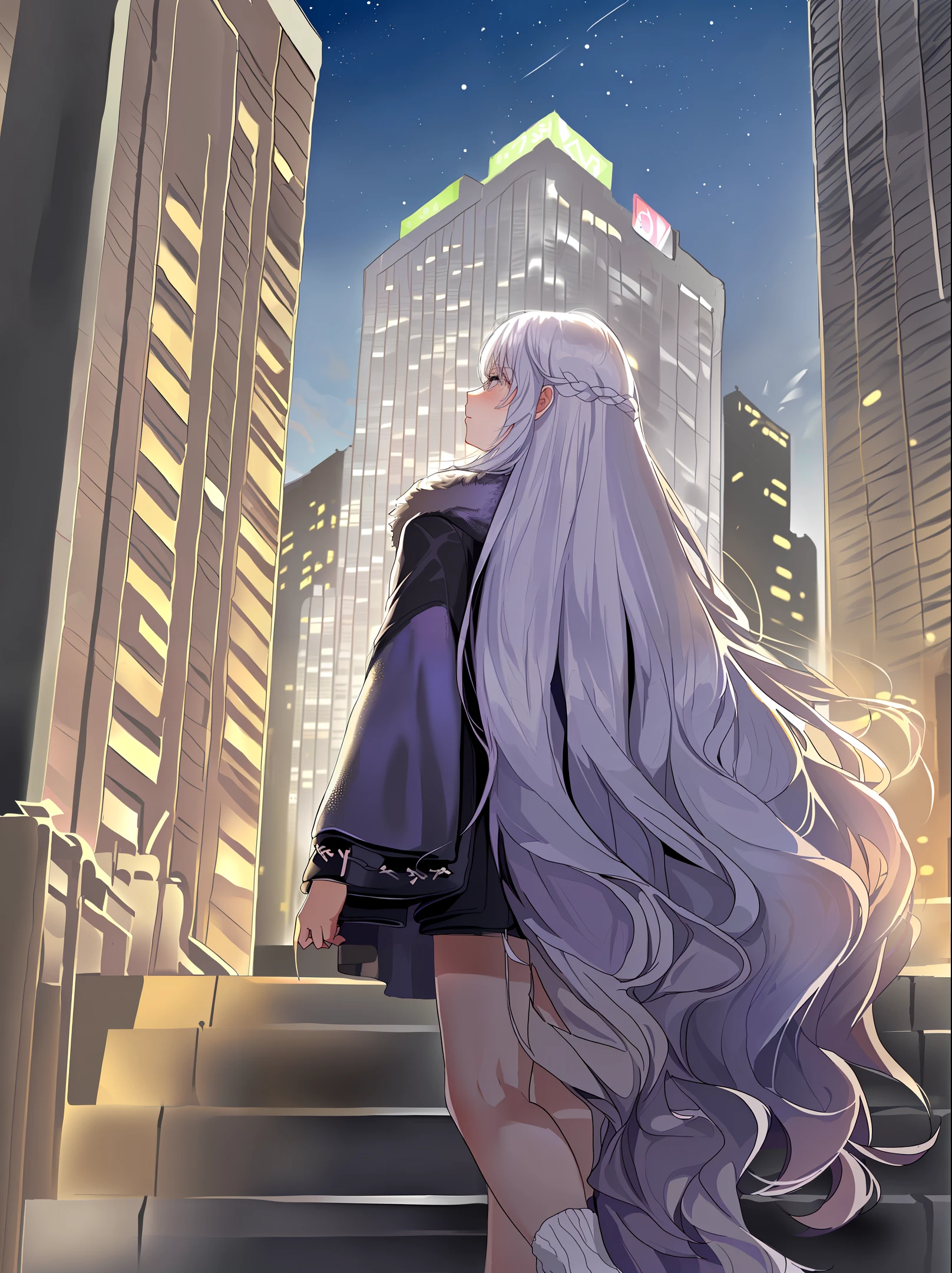 Postmodern Silver-white hair Long hair Cold expression grim and disdainful High cold Standing on the steps With your back against the steps Behind the tall building Late at night The building is brilliant and grand Wearing a silver coat Holding a lilac mobile phone in his hand The hair root is purple