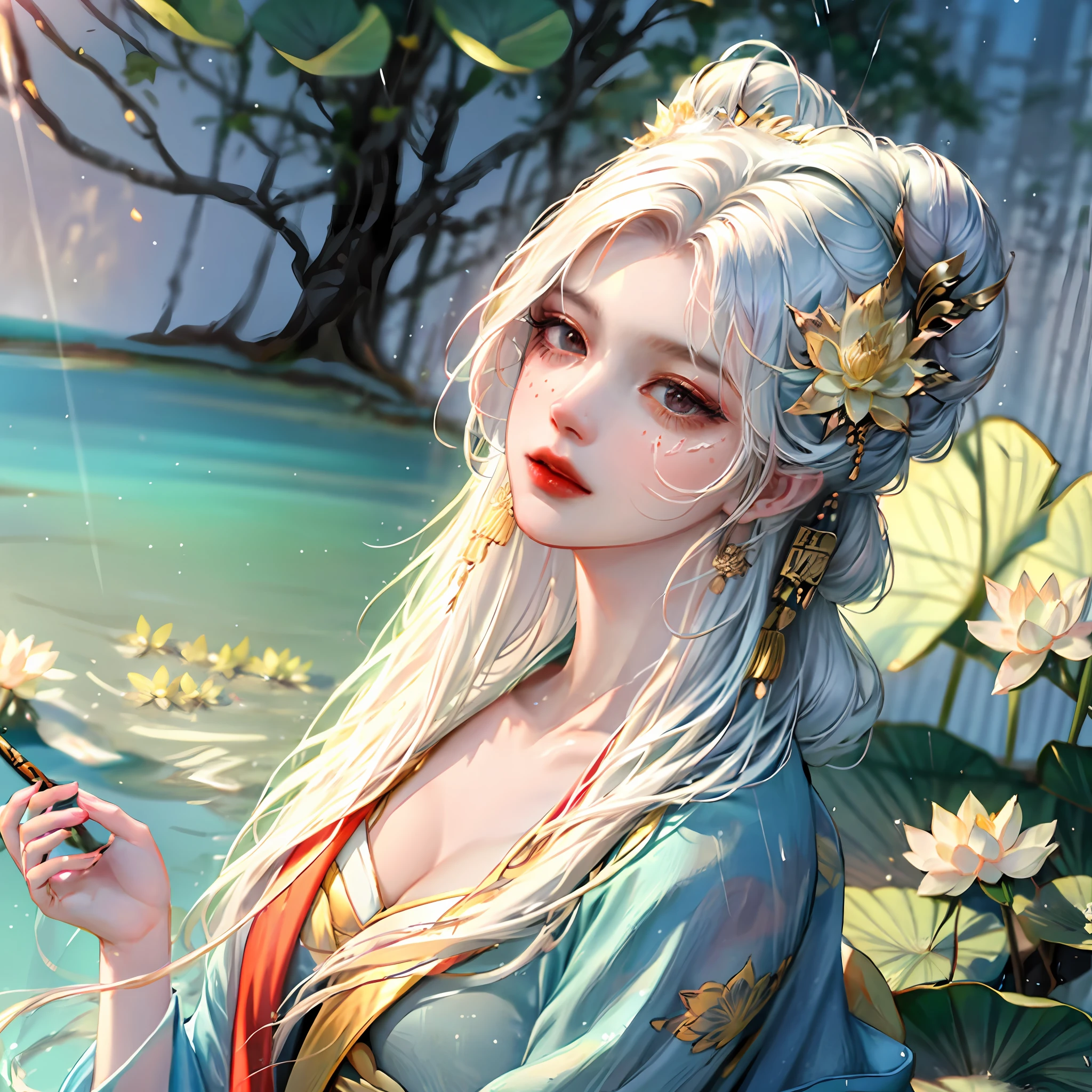 realistic, large vista, wide-angle lens, intricate details, ultra-detailed, natural skin texture, 1 girl, bun, beautiful Chinese woman in white hanfu robe cape, clothes with four very thin delicate streamers, fairy, white mist, golden light, outdoors, large white lotus, beautiful scenery Deep in the lotus pond, (colorful, vivid, sunny, Cool Light: 1.2) Lotus leaves in the pond, delicate facial details, dynamic poses, exquisite details, wide view, epic details, global illumination - ar 3:2 - q 5 - v 5.1 - style raw - s 750, style influenced by ancient Chinese art, complex, high detail, sharp focus, dramatic, photorealistic painting art, lotus leaf, spring rain, bright, light, atmosphere, spring bright tones, super detail, 16k, best quality, soft light, space, crystal clear, natural light, surreal photography,