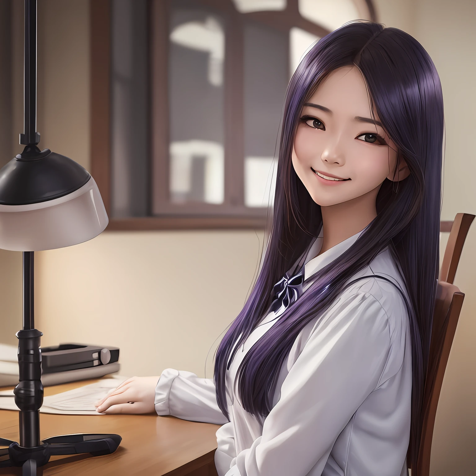 1girl in、Beautiful vintage colors、instagram(Hphotorealistic、hight resolution:1.4)、((Puffy eyes))、Staring at the viewer、、full bodyesbian(8k、RAW Photography、finely best quality、masterpiece:1.2)、(realisitic、Hphotorealistic) :1.37)、(foco nítido:1.2)、Professional Writing、photon maping、Radio City、Physically Based Rendering、(de pele branca:1.2)、(small tits:1.2)、Viewer's Perspective、(Middle hair:1.5)、portlate、Purple eye、(silber hair:1.1)、bangss、(symple background:1.4)、独奏、The upper part of the body、realisitic、(masterpiece:1.4)、(finely best quality:1.4)、(glowy skin)、a smile(Skinny、Mouth closure、full of shyness:1.3)、(Standing、Japanese high school girls uniform、A Necromancer:1.1)、Medium bust、Face-to-face、meeting room、desk、Sitting on a chair、Being interviewed、Correct posture、Refreshing、neat --auto