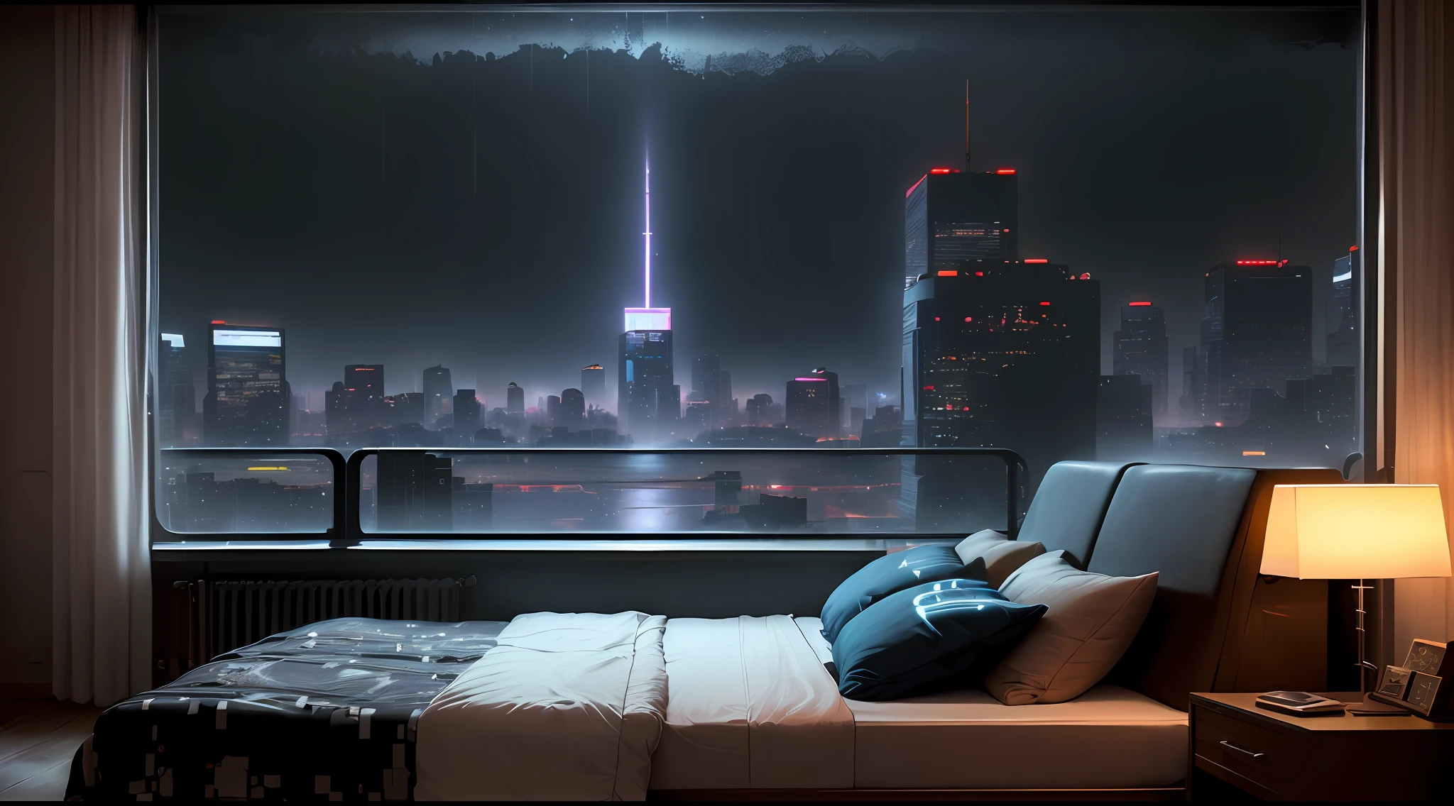 cyberpunk bedroom,sense of science and technology,Darker tones,bed by window,Night with heavy rain