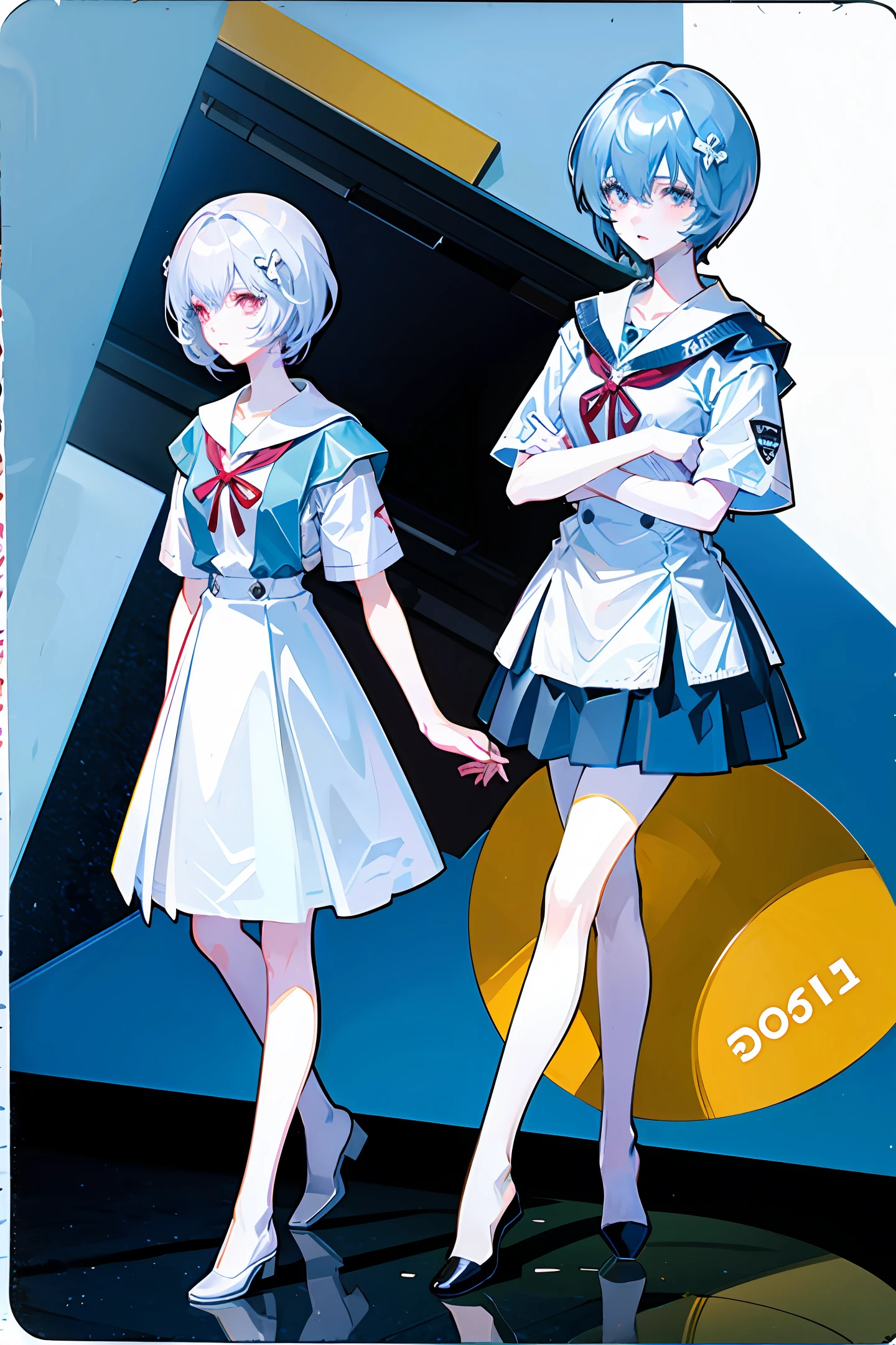 schoolgirls，eighteen years old，Short light blue hair，white skinned，二重まぶた，with a round face