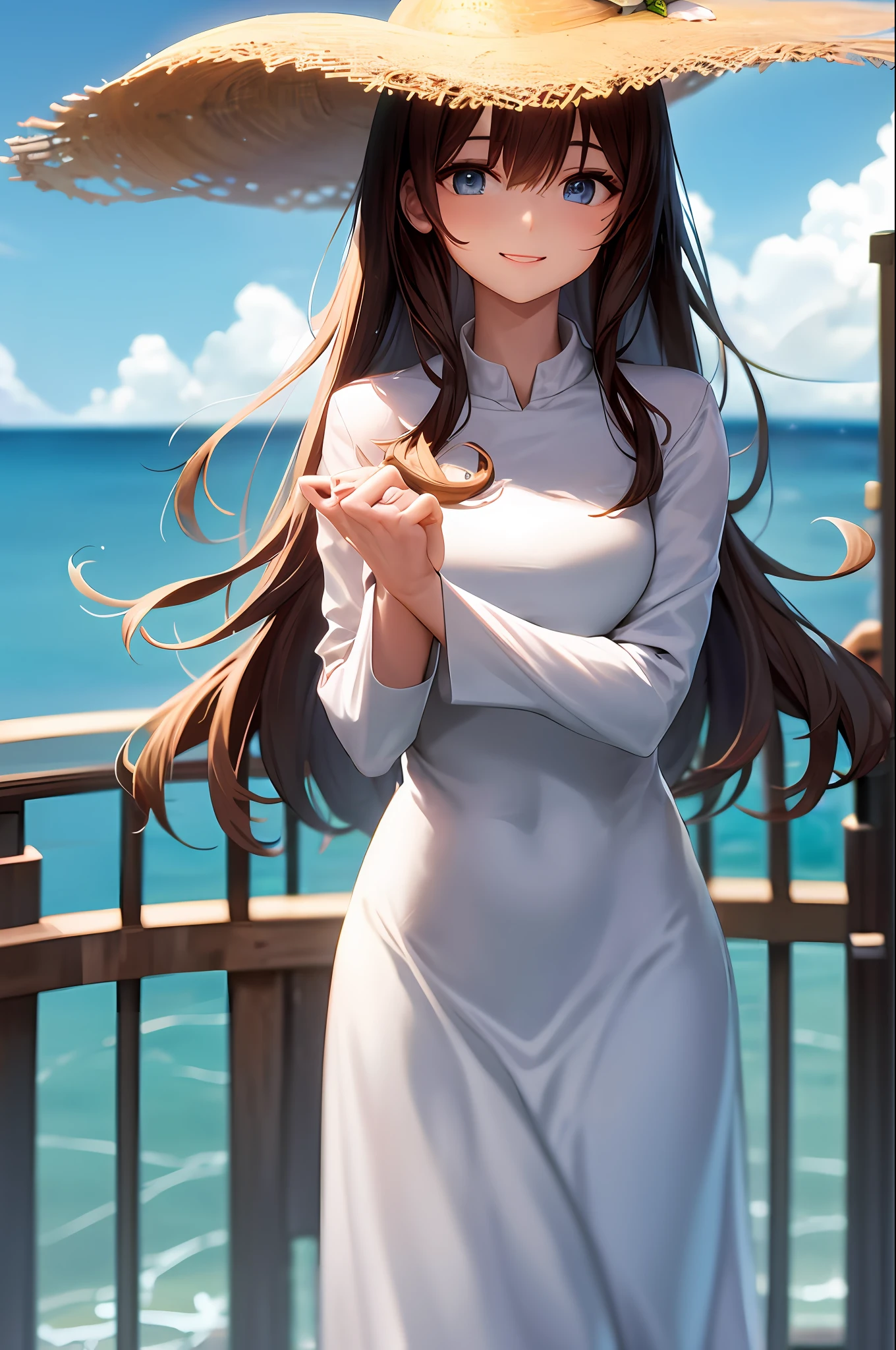hyper HD, Live image, Looking out to the ocean, Railings are spaced, A white gauze flowes, Wear a sun hat, Smile and greet the sea breeze, It feels very realistic, The sea breeze blows through the corner of the white gauze coat, It gives a feeling of rushing to the face。