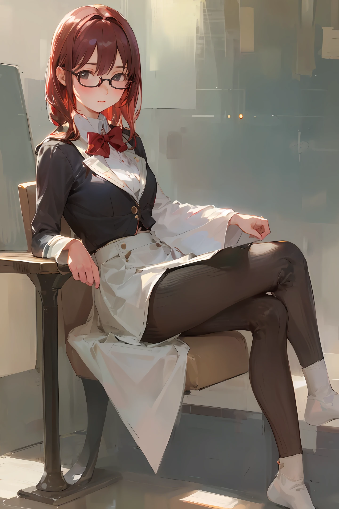 brown  hair，Pure，female high-school student，black color hair，round frame glasses，Very short pleated skirt，Navel baring sailor suit，Red bow tie