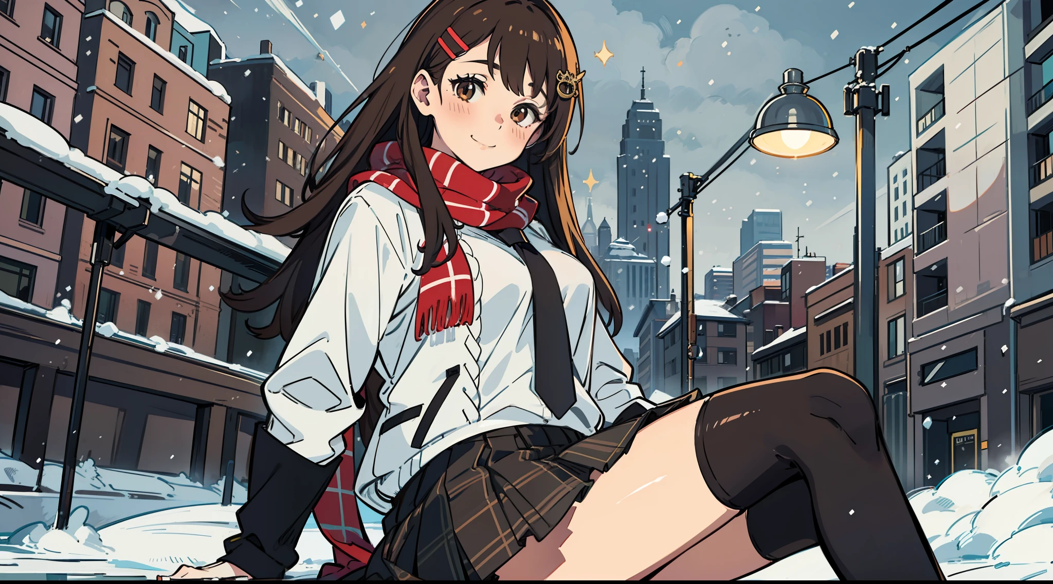 1girl, solo, thighhighs, skirt, long hair, scarf, jacket, hair ornament, necktie, smile, outdoors, brown hair, brown eyes, looking at viewer, hairclip, shirt, sitting, red scarf, white shirt, school uniform, bangs, black jacket, plaid, long sleeves, plaid skirt, open clothes, black thighhighs, blazer, closed mouth, pleated skirt, open jacket, sky, brown skirt, snow, blush, fringe trim, sweater, sweater vest, snowing, black necktie, night, collared shirt, miniskirt, feet out of frame, lamppost, best quality ,masterpiece,realistic,Vibrant colors:1.5, an extremely delicate and beautiful, finely detail, extremely detailed CG unity 8k wallpaper,huge filesize , ultra-detailed, highres, RAW photo, vivid, intricate details, perfect eyes, perfect face, perfect lighting,