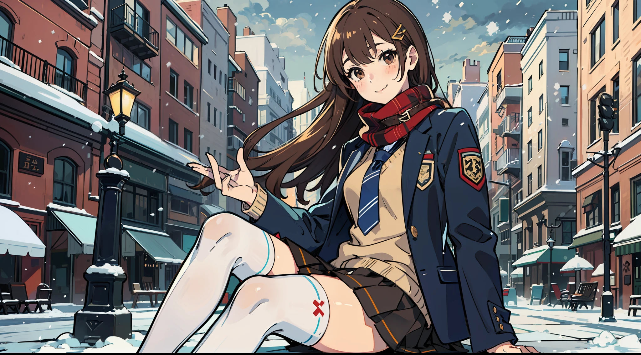 1girl, solo, thighhighs, skirt, long hair, scarf, jacket, hair ornament, necktie, smile, outdoors, brown hair, brown eyes, looking at viewer, hairclip, shirt, sitting, red scarf, white shirt, school uniform, bangs, black jacket, plaid, long sleeves, plaid skirt, open clothes, black thighhighs, blazer, closed mouth, pleated skirt, open jacket, sky, brown skirt, snow, blush, fringe trim, sweater, sweater vest, snowing, black necktie, night, collared shirt, miniskirt, feet out of frame, lamppost, best quality ,masterpiece,realistic,Vibrant colors:1.5, an extremely delicate and beautiful, finely detail, extremely detailed CG unity 8k wallpaper,huge filesize , ultra-detailed, highres, RAW photo, vivid, intricate details, perfect eyes, perfect face, perfect lighting,