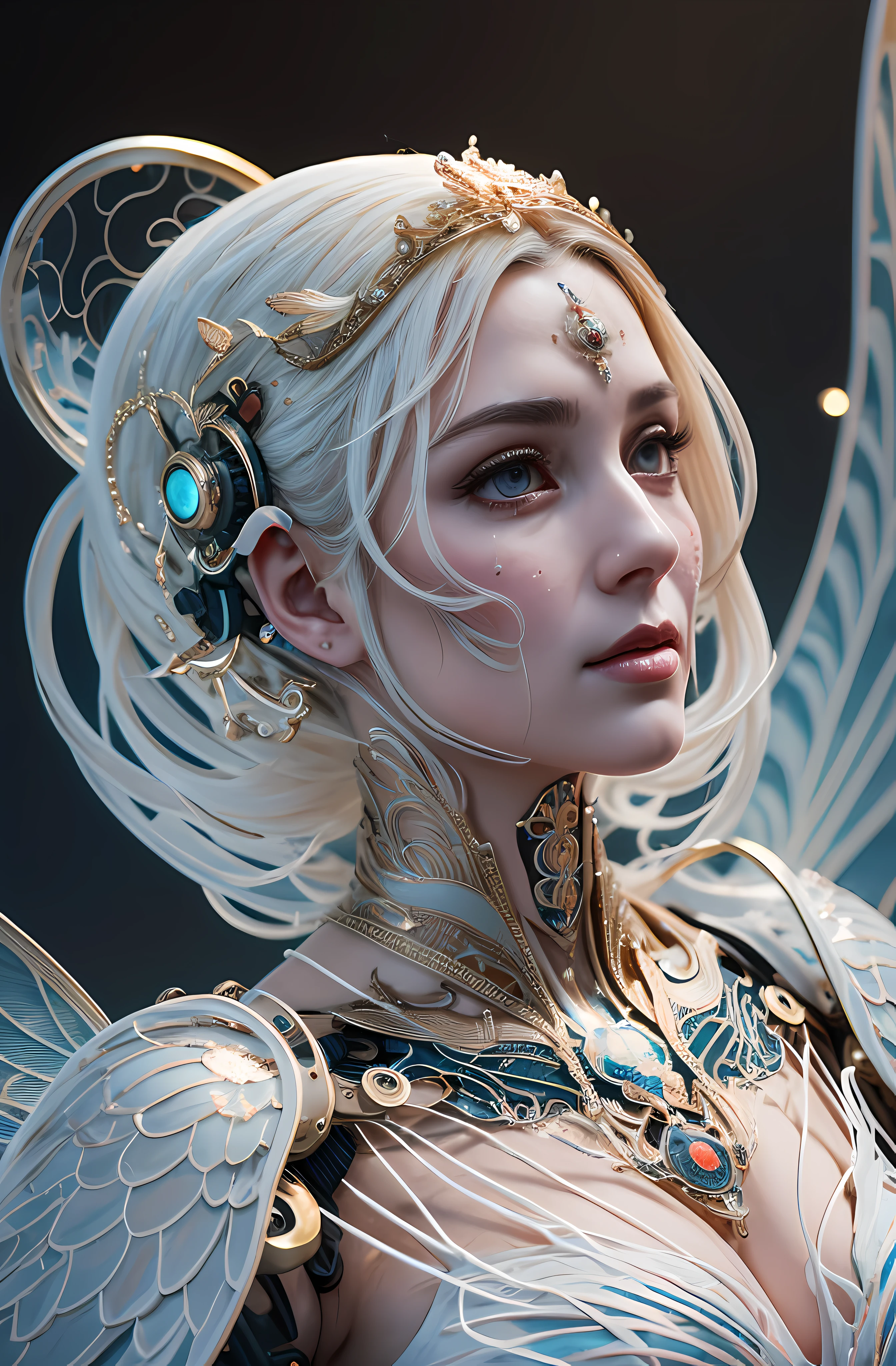 ultra detailed complex 3d rendering of a gorgeous porcelain profile android face, cyborg, robotic parts, 150 mm, vibrant details, luxurious cyberpunk, lace, hyper-realistic, anatomical, angelic wings, facial muscles, electrical cables, microchip, elegant, beautiful background, octane rendering, HR Giger style, 8k, best quality, masterpiece, illustration, extremely delicate and beautiful, extremely detailed, CG, unit, wallpaper,  (realistic, photorealistic: 1.37), amazing, finely detailed, masterpiece, best quality, official art, 8k wallpaper of extremely detailed CG unit, absurd, incredibly absurd, whole body,