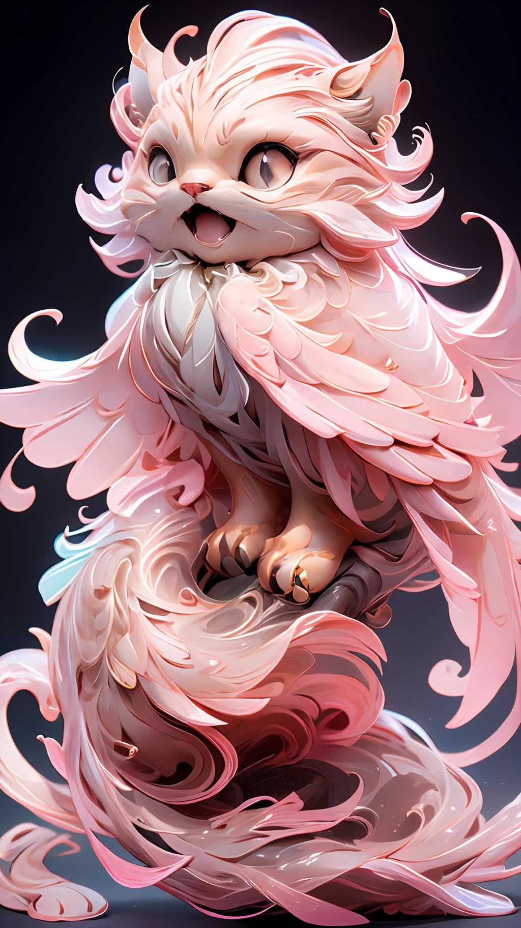 in the shape of a cat，Bling background，Dreamy colors，Transparent statue，florals，Big eyes，in pink，Open-mouthed，laughingly，tmasterpiece，（best qualtiy：1.3）， full bodyesbian，Ling_Long