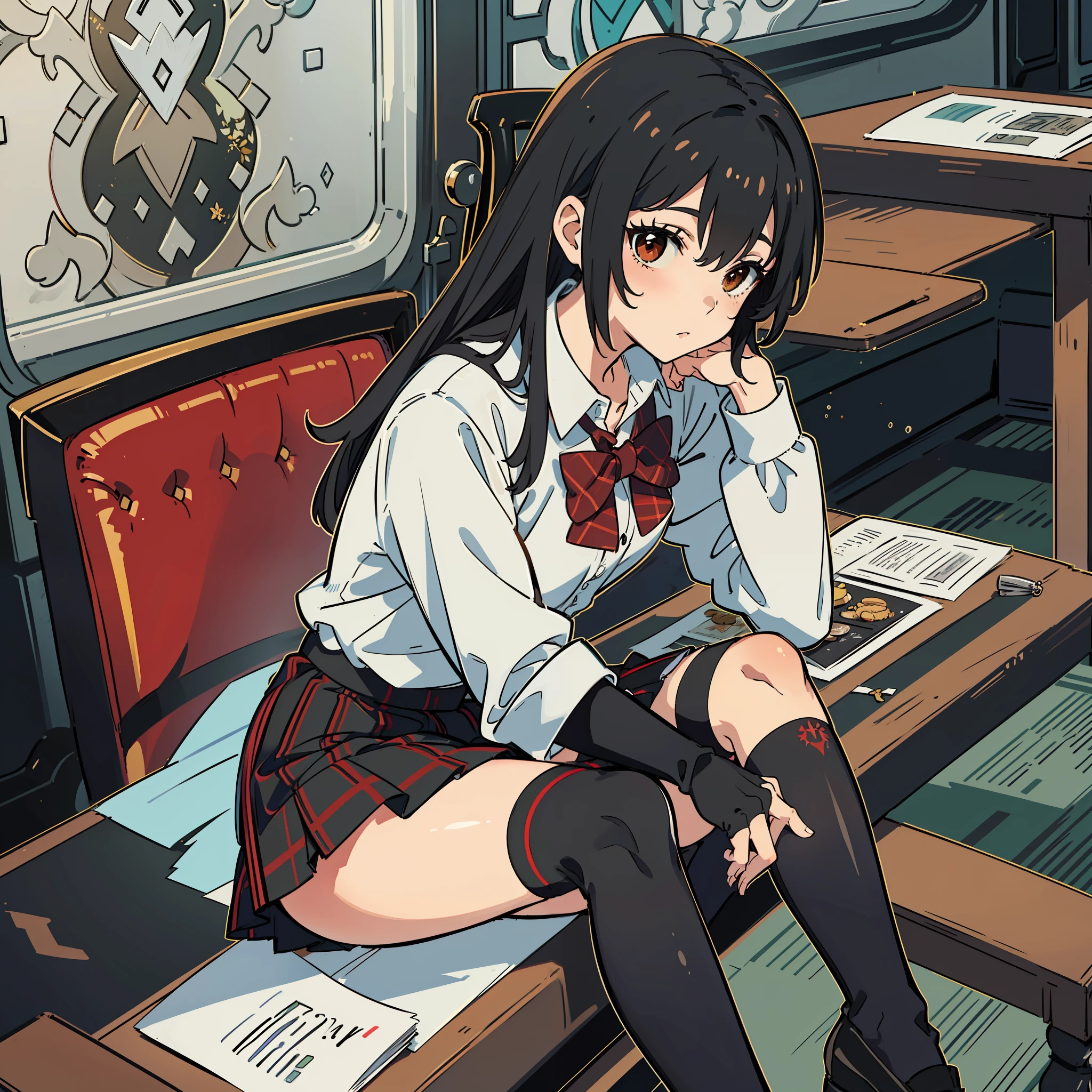 masterpiece, 1girl, solo, yukino yuknoshita, school uniform, white shirt, plaid miniskirt, red bowtie, (black knee high socks:1.5), black shoes, absolute territory, leaning on a table
