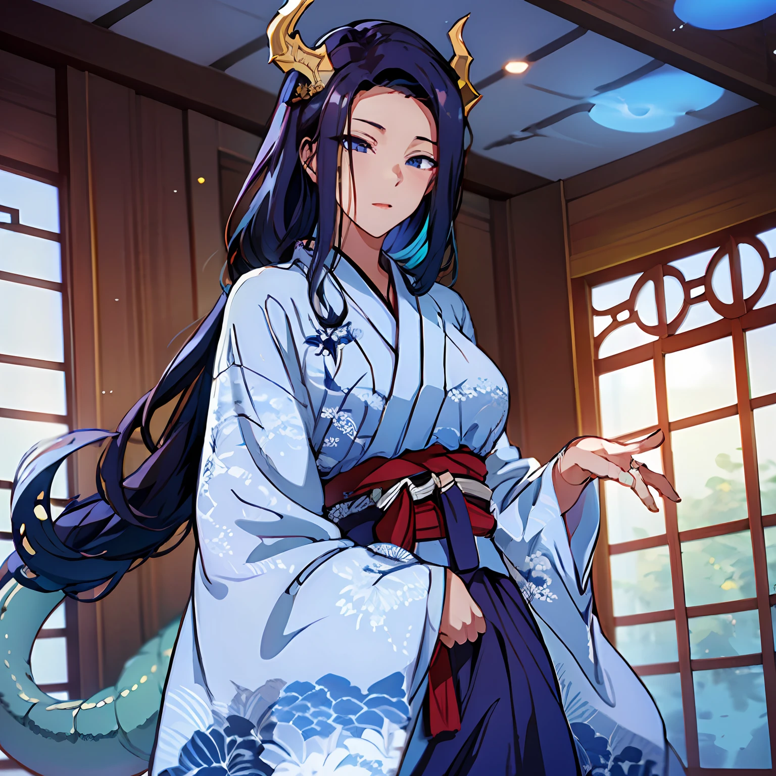 Dragon girl,Light blue hair,The long-haired,Blue eyes,Star-like eyes,Hanfu,Blue and white porcelain pattern for clothes,full bodyesbian,tmasterpiece,Superb body ,a Oriental Dragons