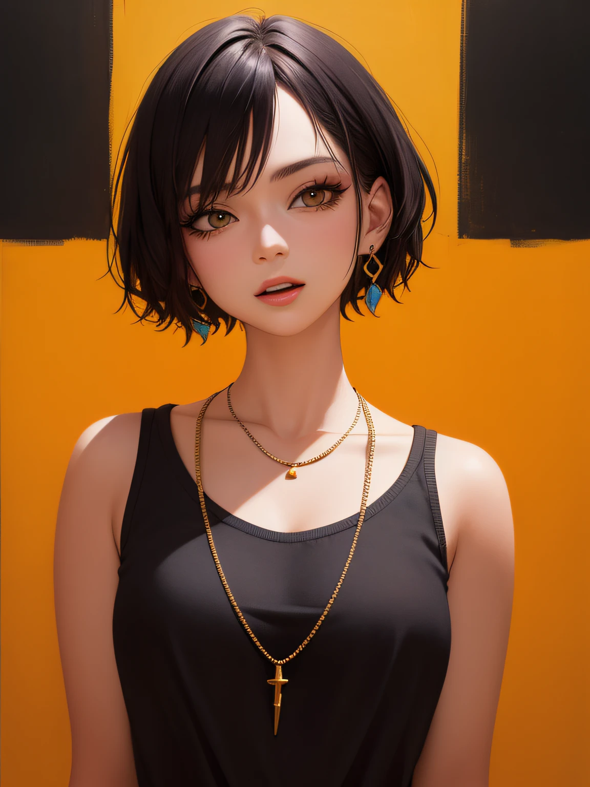 (2d painting), ((standing)), (close shot of a sarcastic girl), big mouth, upper body, blinking, makeup, necklace, earrings, drop shadow, official art, ultra-detailed, aesthetic, masterpiece