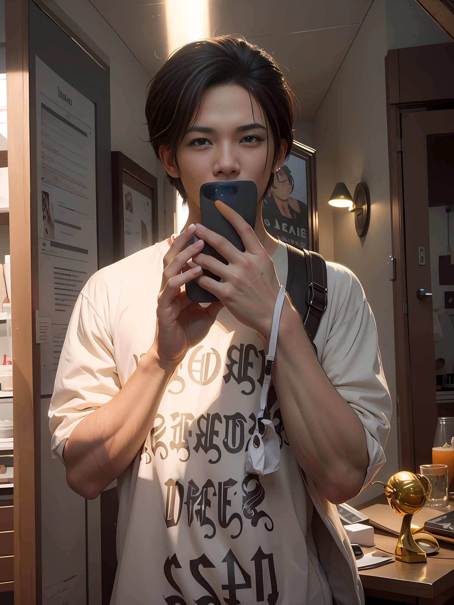 there is a man that is taking a picture of himself in the mirror, Realistic anime 3 D style, ross tran style, hyper realistic anime, Ross Tran 8 K, 3 d anime realistic, style of hajime isayama, Guviz-style artwork, ross tran and bayard wu, highly detailed character, Photorealistic anime, photorealistic art style,Arm natural