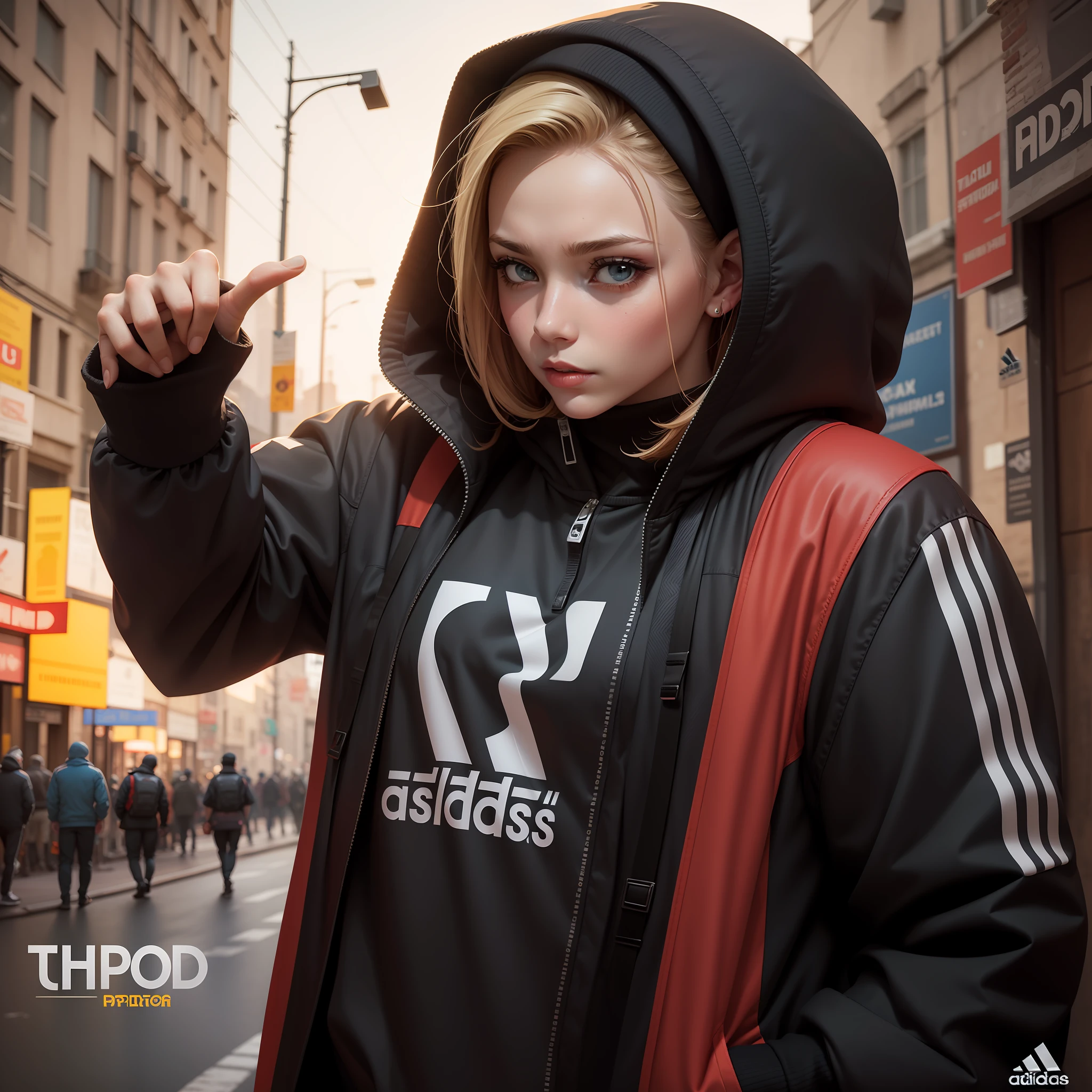 A highly detailed propaganda poster, assista a anime, arte pop, tipografia, papel vintage, thirds rule, trending on ArtStation, UHD , russian hard bass, adidas clothes