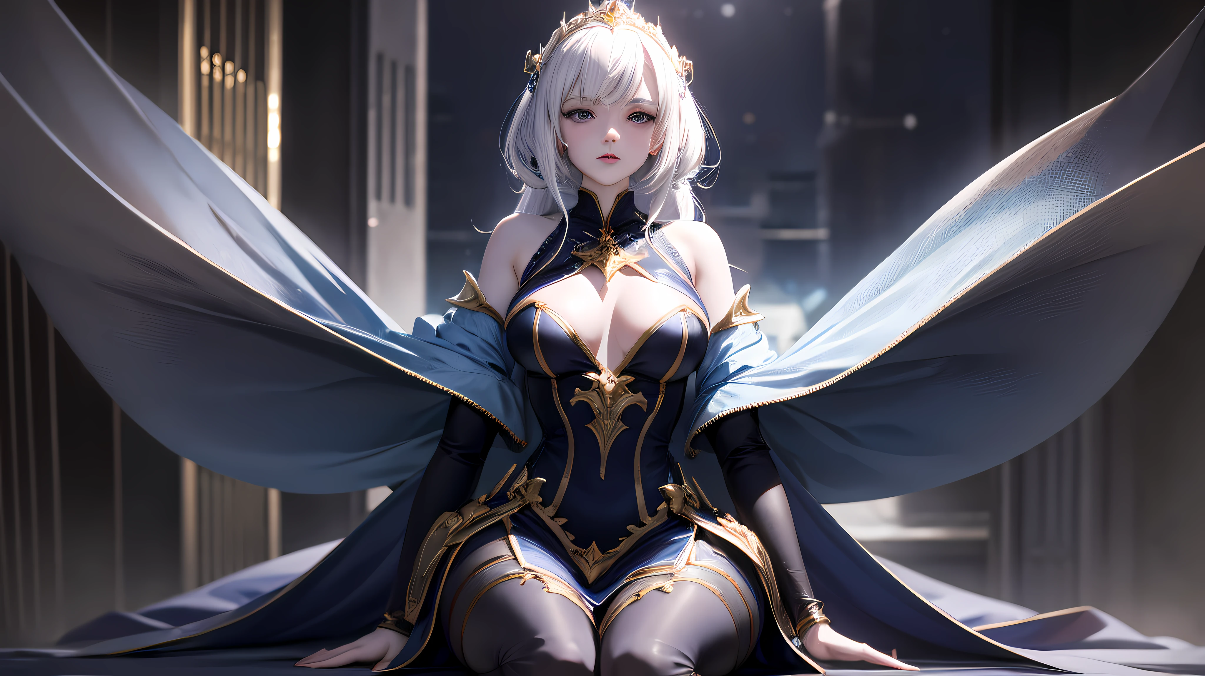 a close up of a woman with a blue dress and a gold crown, Keqing in the game Genshin, Anime girl cosplay, beautiful and seductive anime woman, Anime goddess, white-haired god, IG model | Art germ, beautiful and elegant elf queen,elegant glamourous cosplay