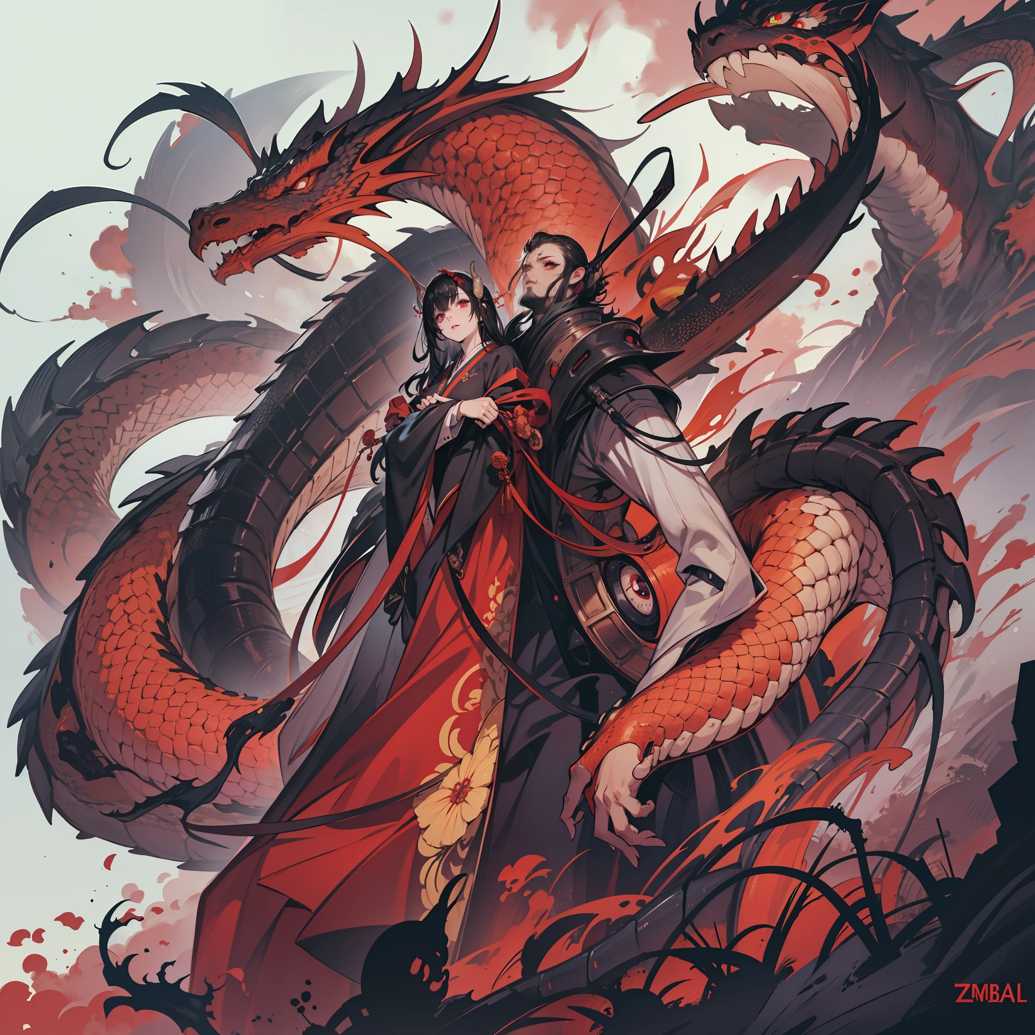 (best quality), oriental detailed background, , science fiction, mechanical arms, guro, zombie_girl with man, monster, dragon horns on head