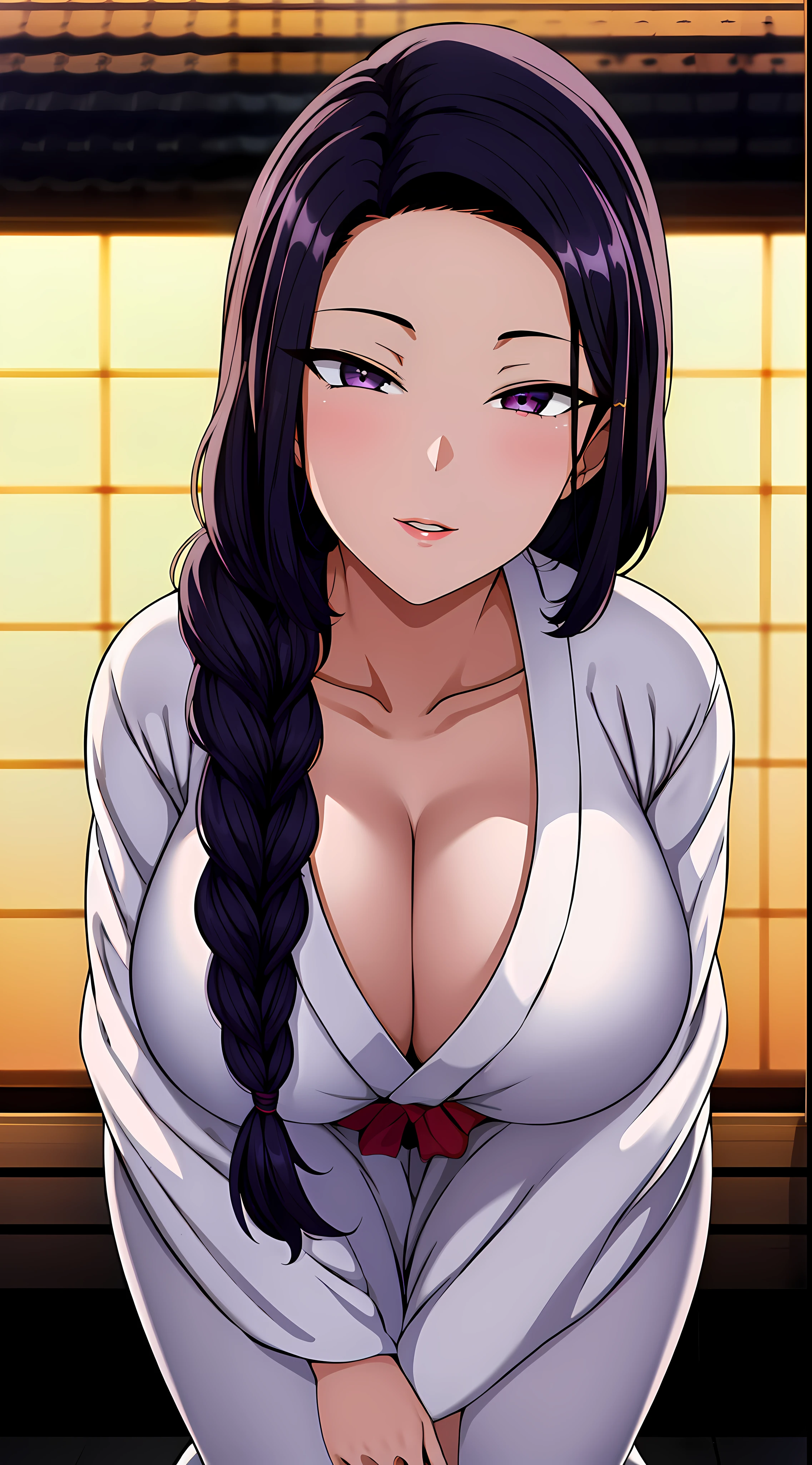(Night:1.7), Japan, Tokyo, CityView, Before Window,
Standing at attention,
(White_kimono:1.3),cleavage,
black_hair, long_hair, hair_pulled_back,parted_lips,purple_eyes, braid,
1 girl, 24yo,mature female,Beautiful Finger,Beautiful long legs,Beautiful body,Beautiful Nose,Beautiful character design, perfect eyes, perfect face,
looking at viewer, in the center of the image,
NSFW,official art,extremely detailed CG unity 8k wallpaper, perfect lighting,Colorful, Bright_Front_face_Lighting,
(masterpiece:1.0),(best_quality:1.0), ultra high res,4K,ultra-detailed,
photography, 8K, HDR, highres, absurdres:1.2, Kodak portra 400, film grain, blurry background, bokeh:1.2, lens flare, (vibrant_color:1.2)
(Beautiful,large_Breasts:1.4), (beautiful_face:1.5),(narrow_waist), full body shot