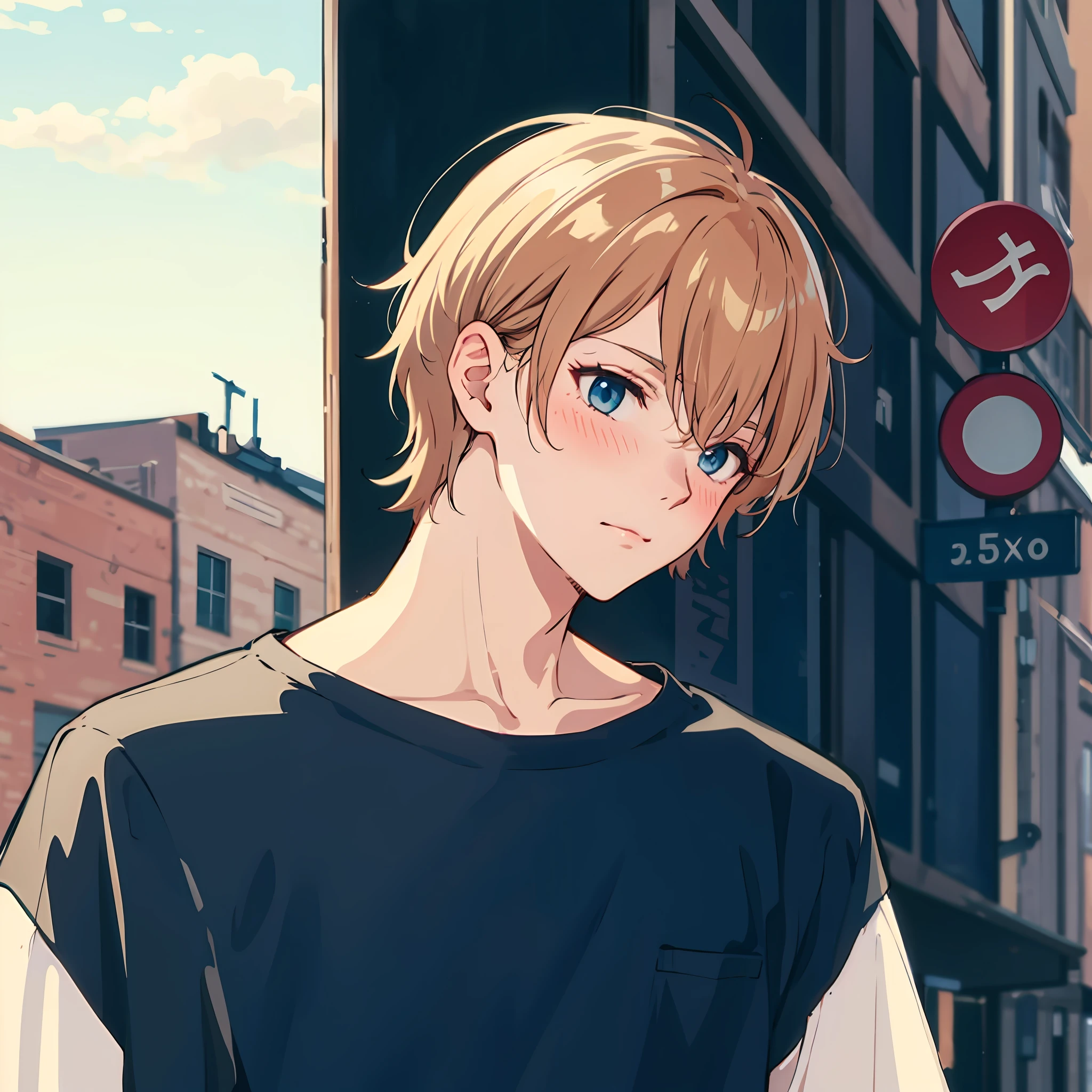 (beautiful and clear background),(street,wall,corner,),1boy,   ,fashion,,hand in pocket ,,blush,pose,floating hair,looking to the side,, dutch angle,