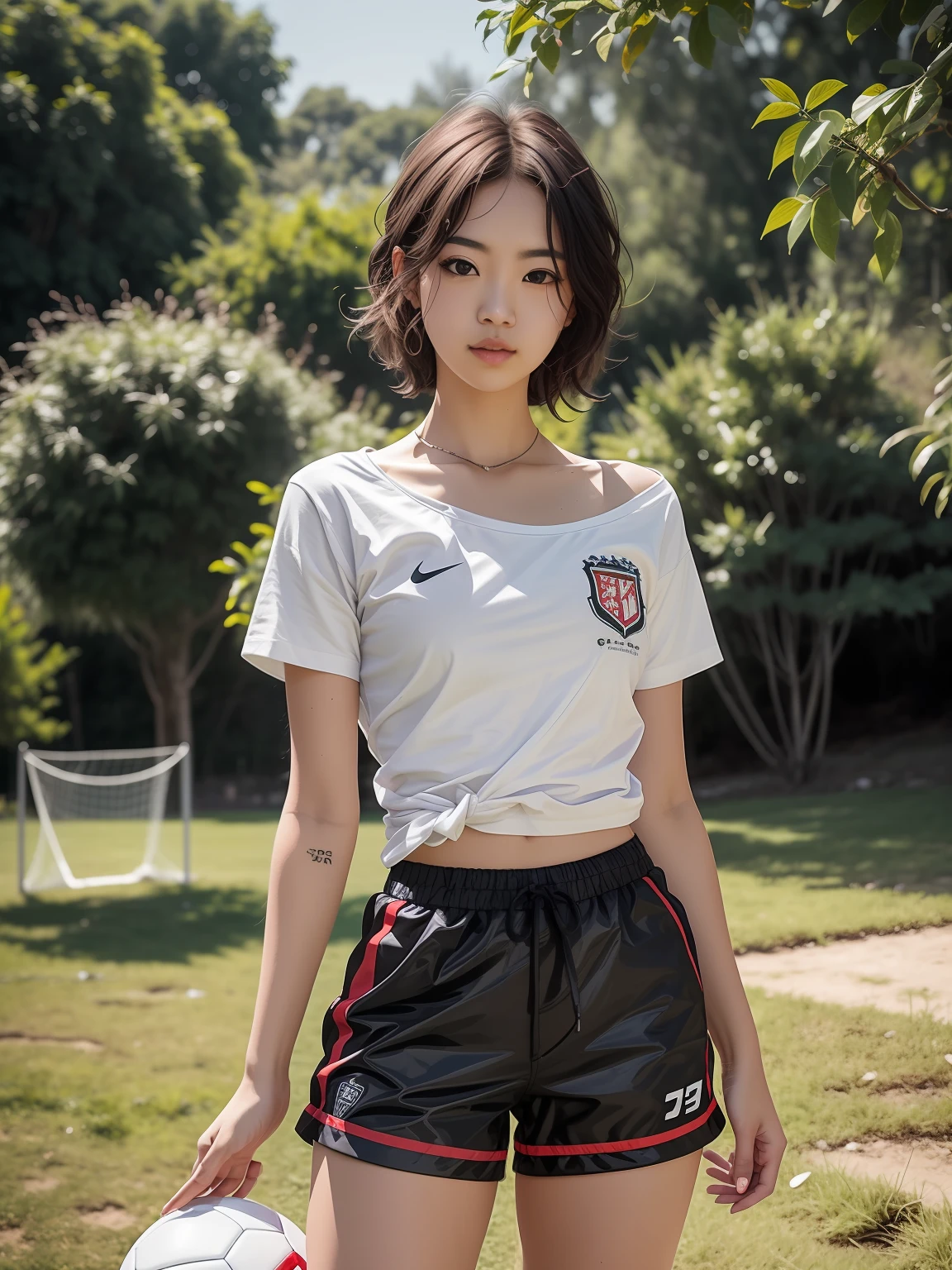 Kizi，dressed in a white t-shirt，Playing football，There is a strip around the waist([tail | detailed wire]:1.3)。she is a(cyborg:1.1)，There are many intricate details on the body，looks(hyperdetailed:1.2)。(hdr)Exposes the vignetting of the cinematic lens，Girl in bright central position。