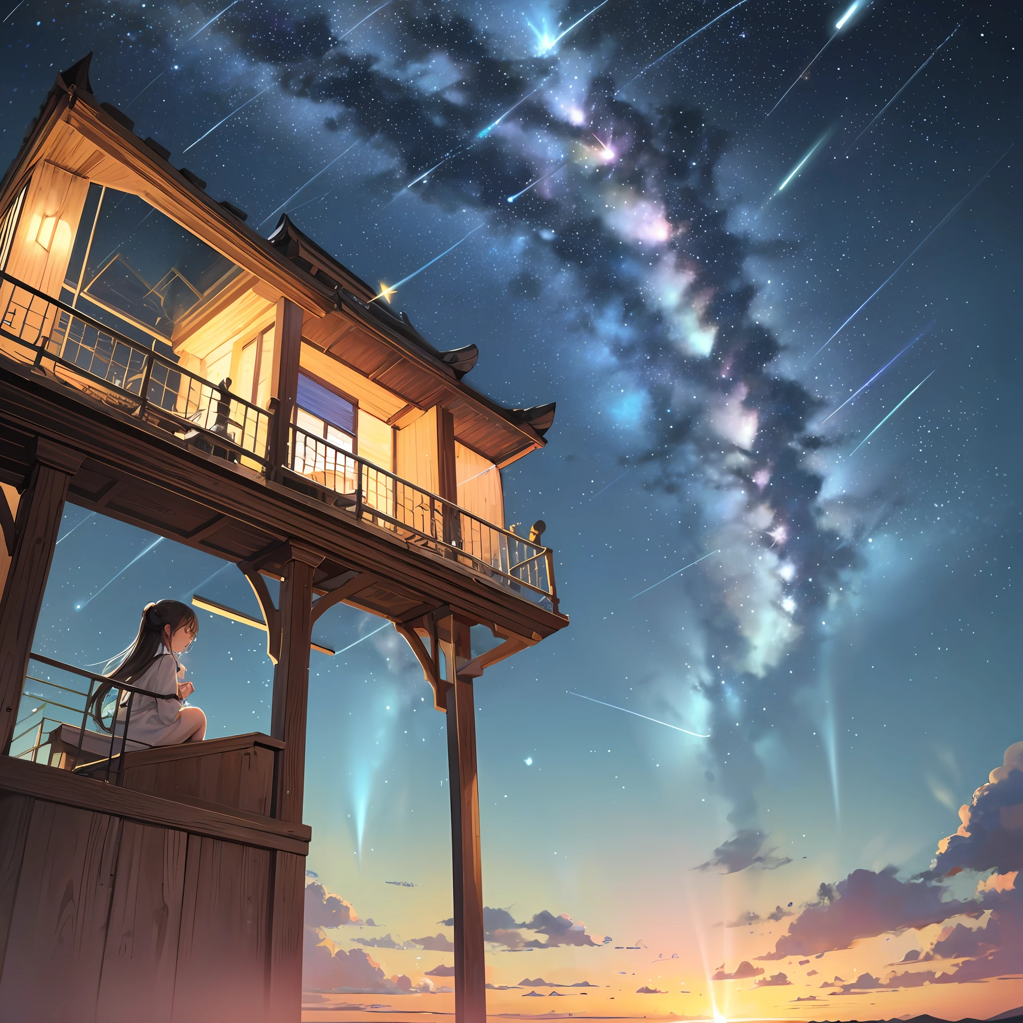 On the beach, looking at the stars((starry sky:1.2)+(shooting star:1.3)), beuaty girl,Beautiful side face。 --auto