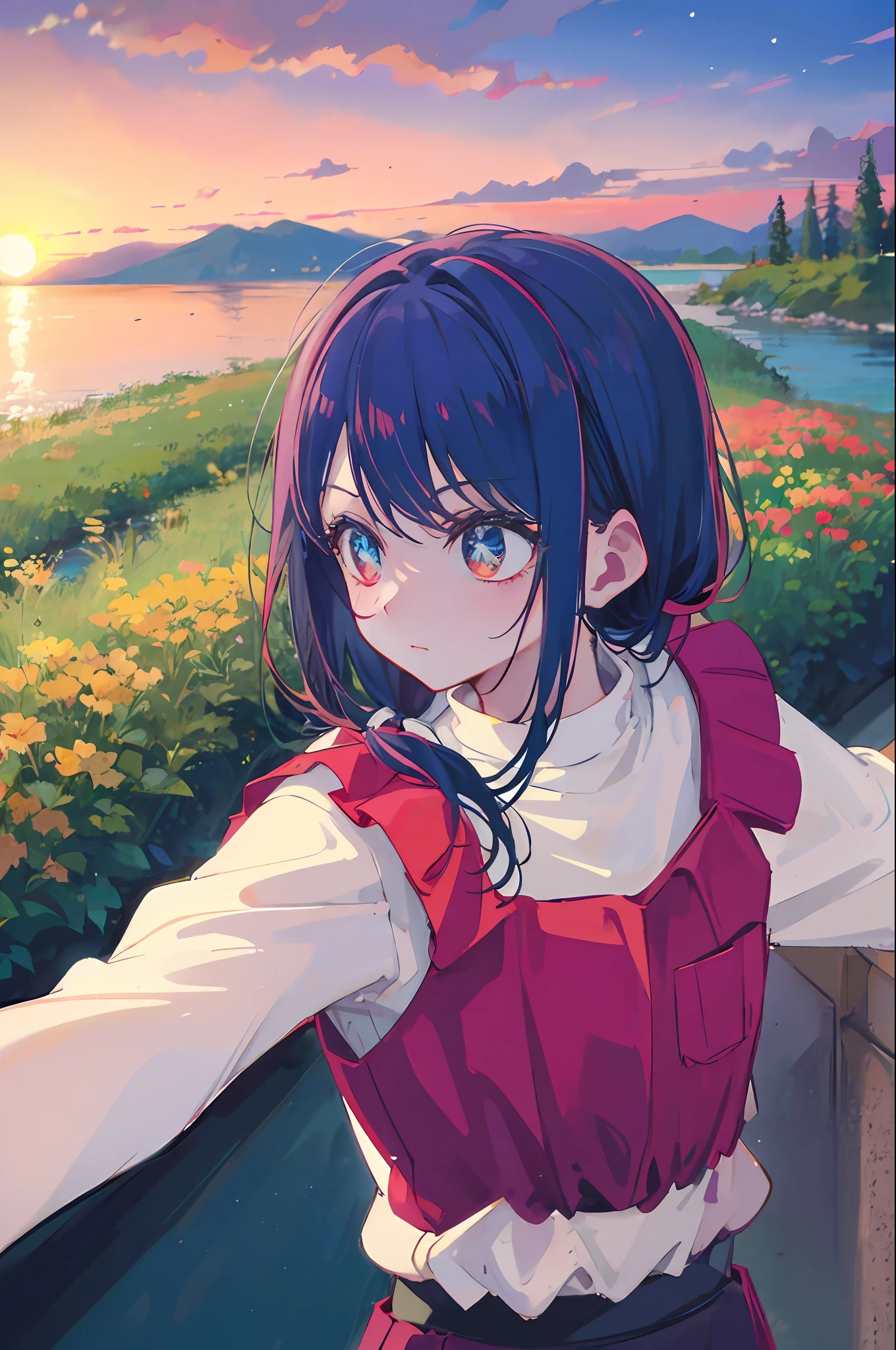 (super high image quality,It's incomparably small)anime figure,(The one)Single female character,In the middle of the picture,The camera is closer to the female character,(Maruko hair style,Slip pocket shape), Slight side of the body,The face is slightly sideways,staring right into camera,Side light irradiation,gardens,Sunset,(Masterpiece,The pinnacle)。