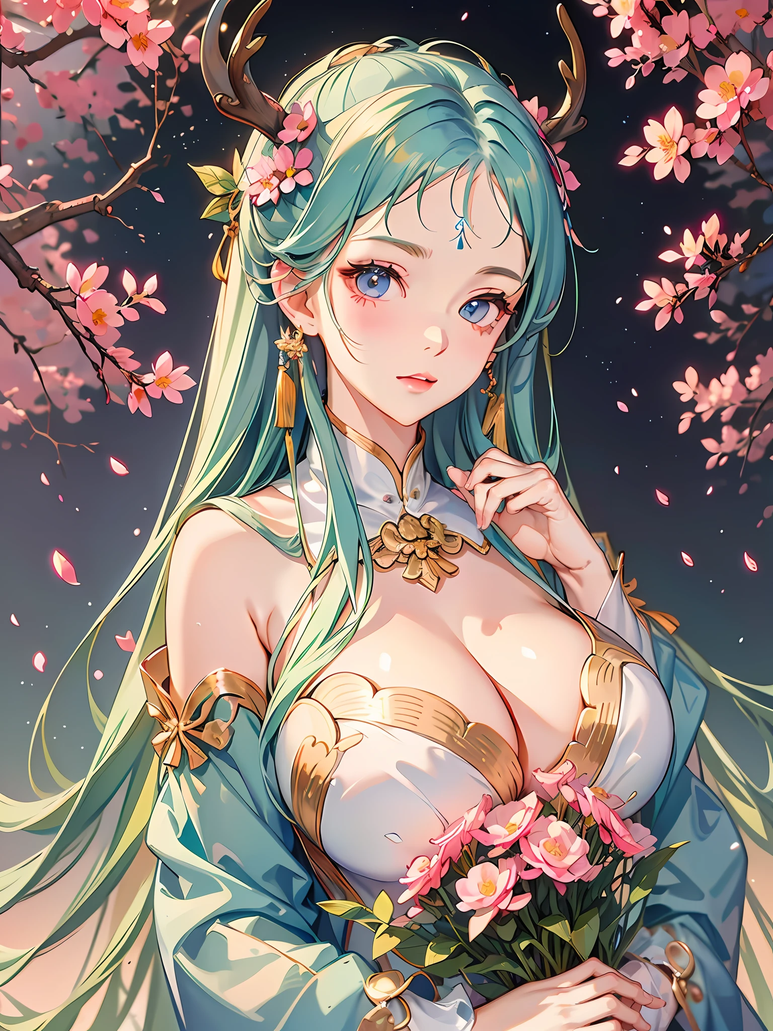long white hair,Flowers in hand,white dresses,Lori huge breasts cleavage,flatchest,There are antlers on the head,Cherry blossoms in the background,Need,Deleite para la vista --auto