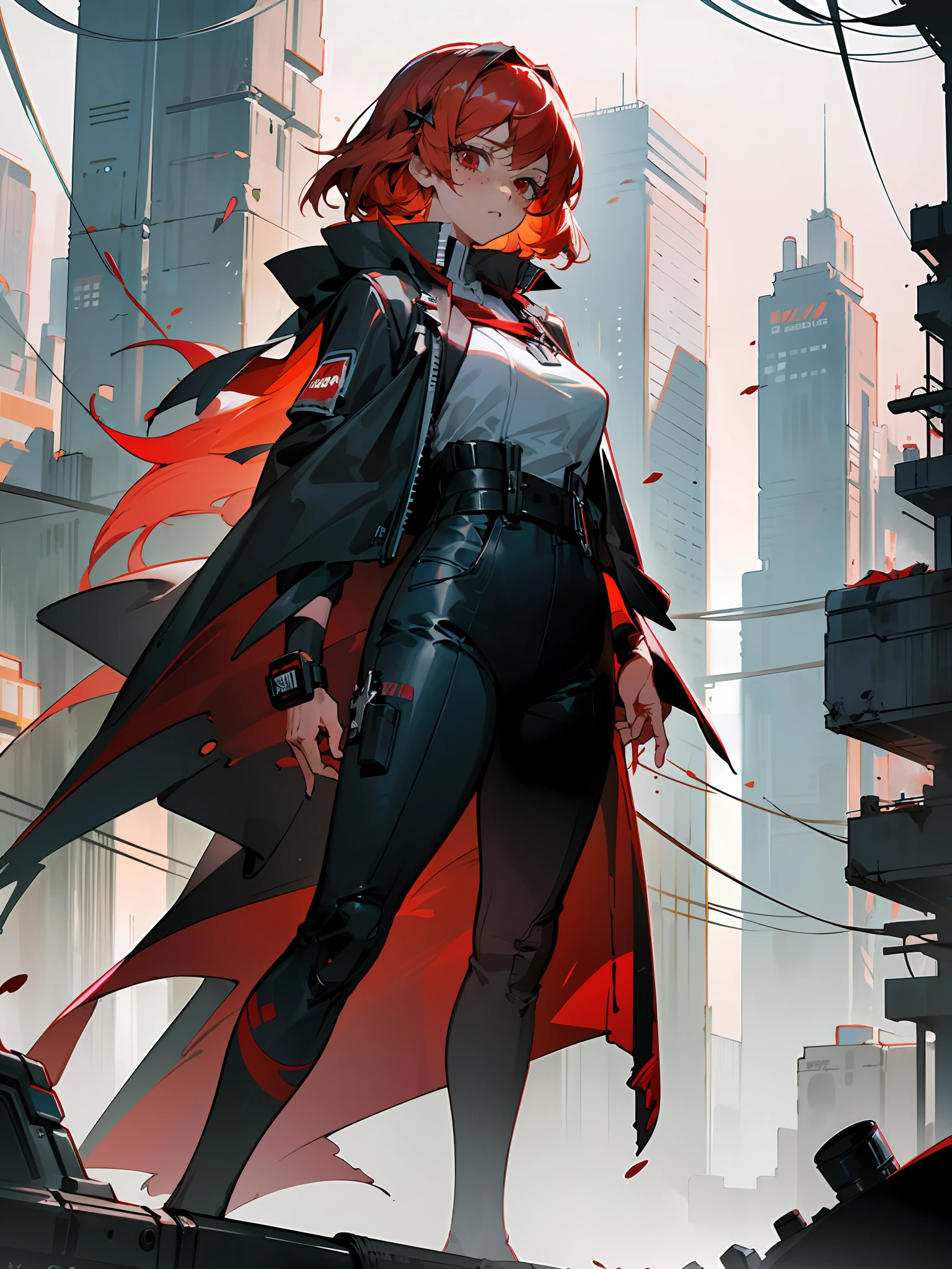 anime character with red hair and cape standing in front of a city, Guviz-style artwork, Digital cyberpunk anime art, anime cyberpunk art, Artgerm and Atey Ghailan, From Arknights, cyberpunk anime art, Anime cyberpunk moderno, cyberpunk anime girl, commission for high resolution, Epic anime style, Kushatt Krenz Key Art Women，Need，Impeccable，Tall and tall，Beautuful Women，warrioress，Blood-colored mist，（tmasterpiece，best qualtiy）， 1girll， 独奏， （（The long-haired， red tinted hair， In black suit，））， with black background， standing on your feet， flatcolors， red color eyes， Long knives， Black and white smoke， Rich colors， skyscrapper， urban backdrop，dystopian