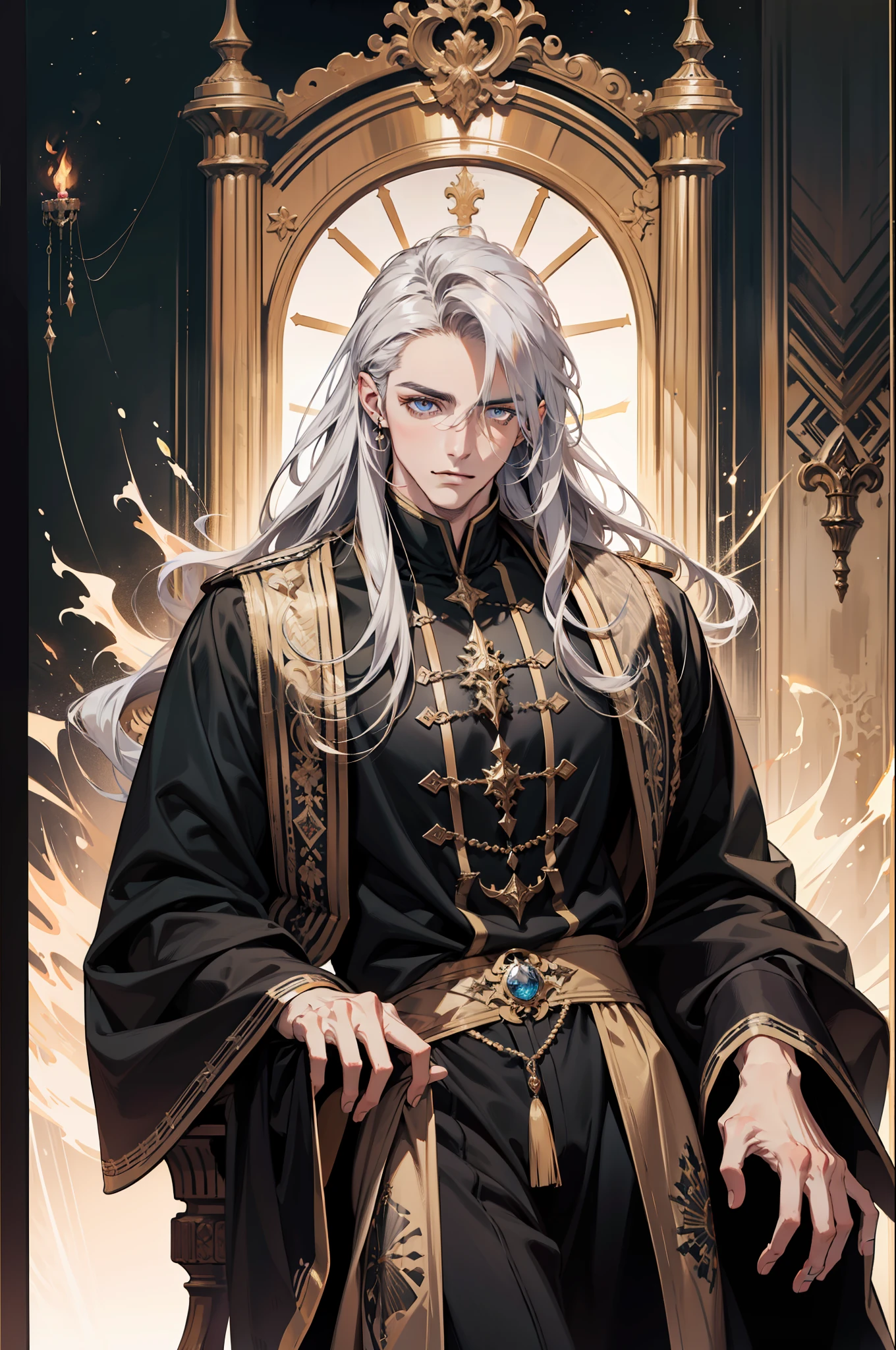 (absurdres, highres, ultra detailed), 1 male, adult, handsome, tall muscular guy, broad shoulders, finely detailed eyes and detailed face, long hair, fantasy, magnificent background, throne, magic effect, flame