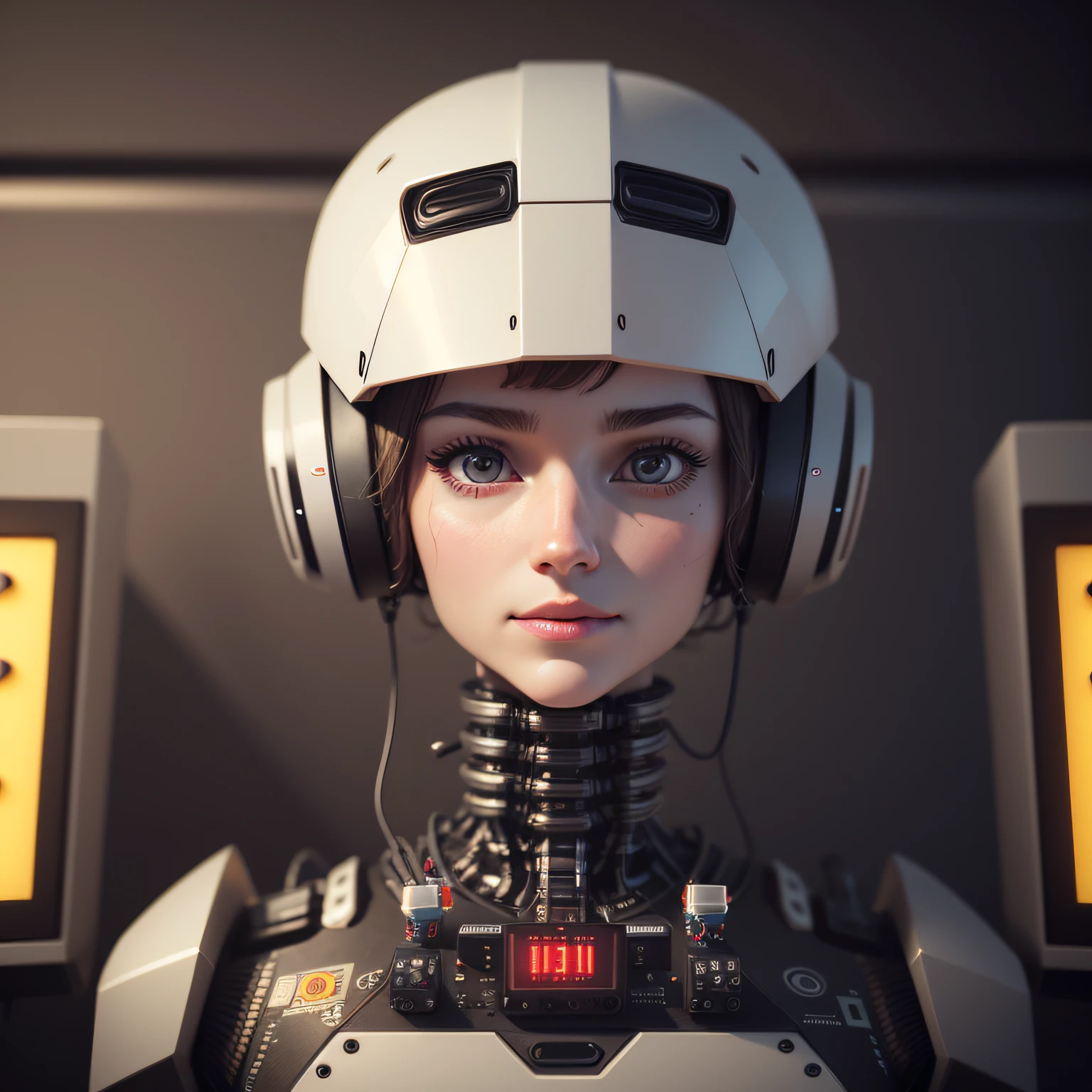 a very cute robot with a LCD screen for a face made from modular synthesizers, analog synthesizer robot, c4d render --auto