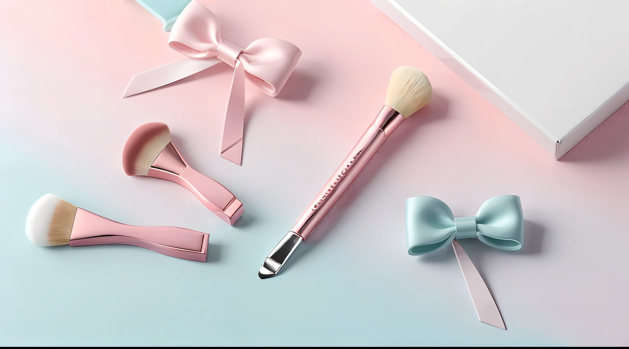 the best quality, Makeup tools, Pink bow hairpins,Small nail clippers,simple backgroud,The color gradient varies from white to light blue,4K分辨率,Simple and natural composition,white backgroun,Fresh and unearthly style,naturey