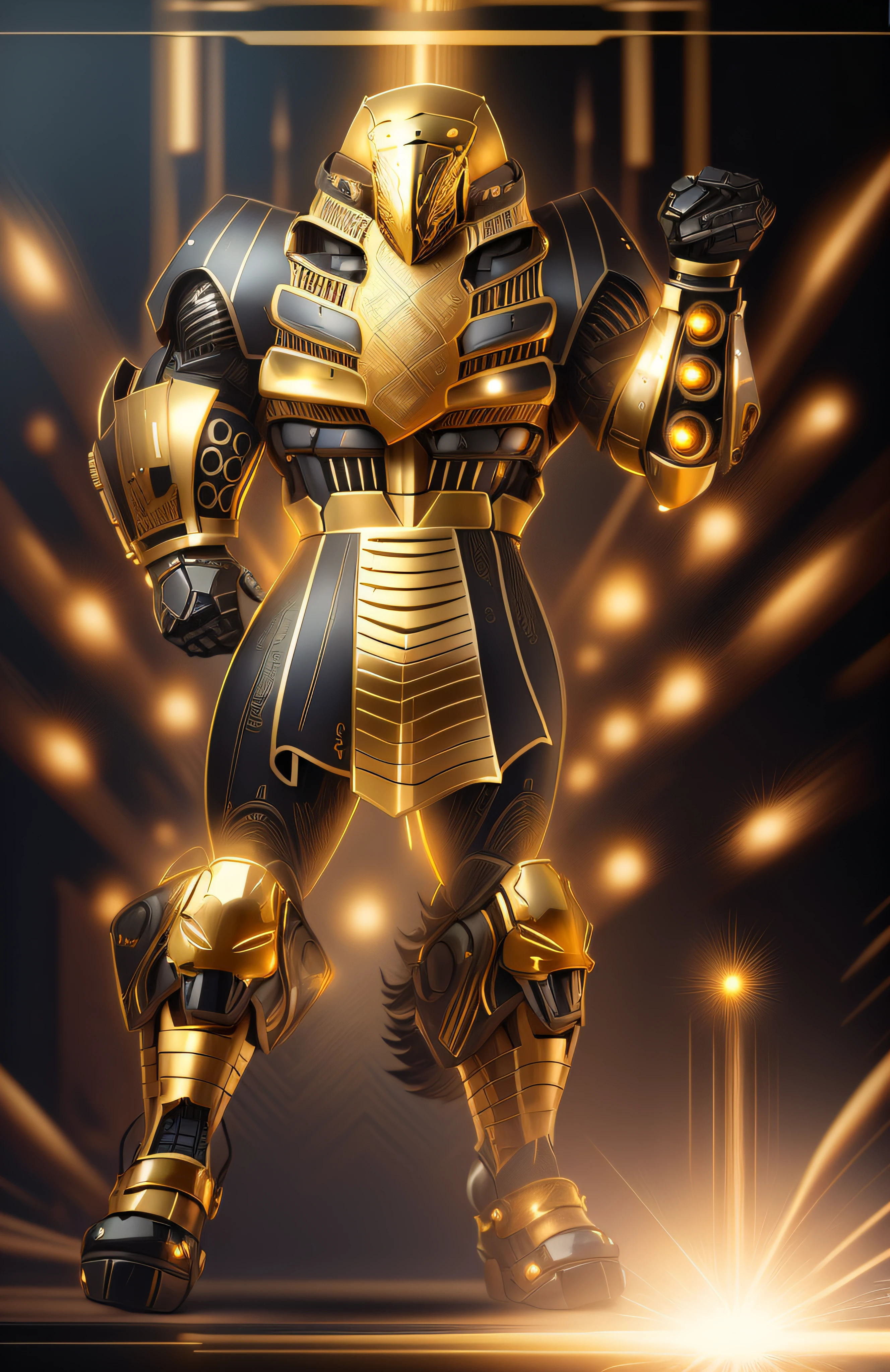 a close up of a robot with a glowing suit on, armadura brilhante elegante, Retrato completo de Electromancer, luzes brilhantes na armadura, Deus grego no estilo mecha, Armadura obsidiana de ouro pesado, Sci - Armadura de Fi:! musculoso, intrincada armadura mecha brilhante, Armadura Obsidiana de Ouro, cyber fight armor, Personagem de Mortal Kombat, Armadura Conceitual, Bokeh, blur, fulgurar