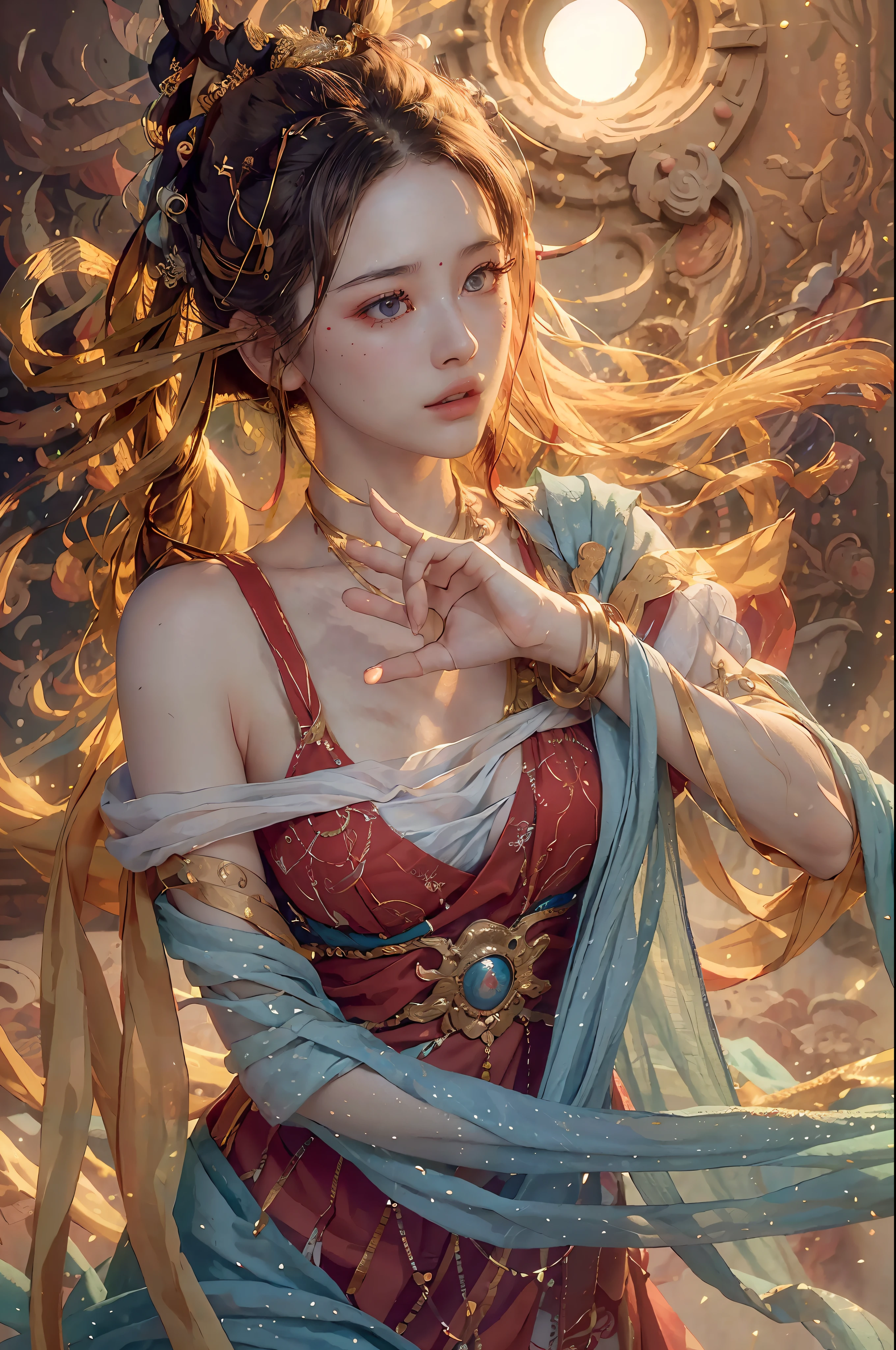 (RAW photo, best quality), (realistic, photo-realistic:1.3),best quality,highly detailed,masterpiece,ultra-detailed,illustration,1girl,upper_body,dynamic angle,world masterpiece theater,messy_long_hair,best quality,extremely detailed CG unity 8k wallpaper,ink,Amazing,cinematic lighting,lens_flare,,dunhuang_style