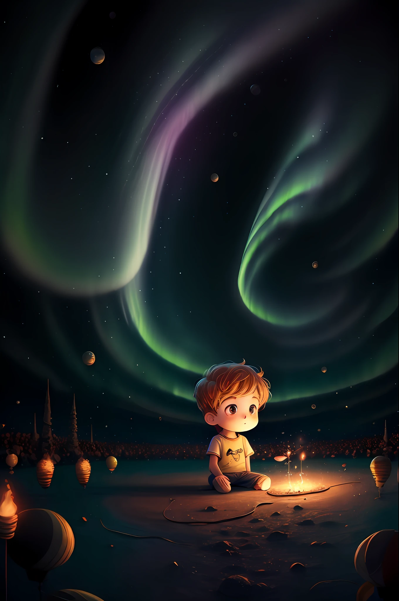 1boy,aerial fireworks, astronaut, aurora, milk way, festival,   chibi,  Fisheyes, masterpieces, top quality, best quality, official art, beautiful and aesthetic, animation, 8k raw,