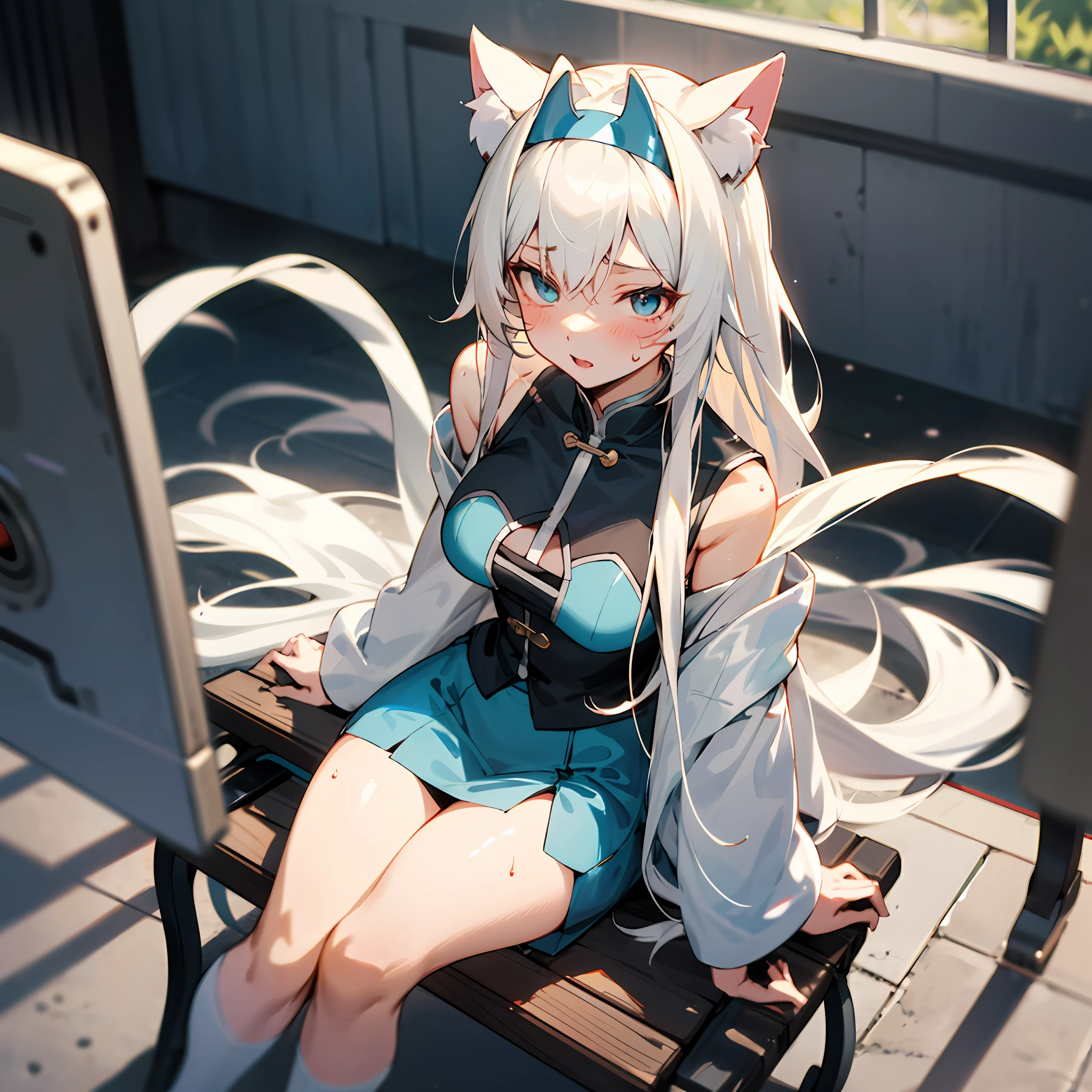 Anime girl sitting on bench,Wearing cat ears on his head,Sexy anime girl,white-haired god,anime goddess,Cute anime gaifu in beautiful clothes,Girl with white hair,perfect white hair girl,Detailed long white hair,long hair anime girl,Beautiful anime girls,Blonde anime girl with long hair,Anime Barbie with white stockings,Clothes are shabby,There are a lot of breakages on the skin,Sweat all over the body,