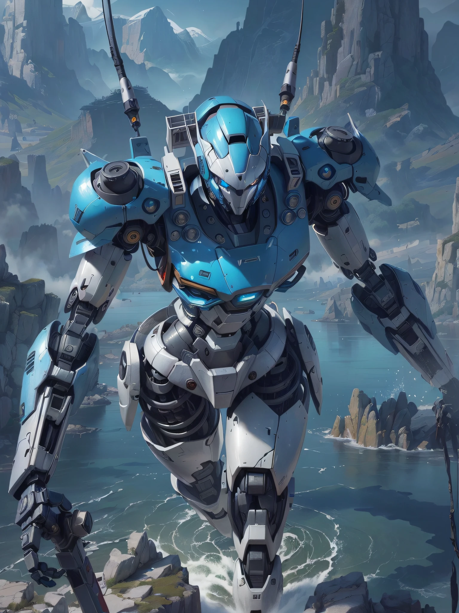 a close up of a robot standing on a rock near a body of water, 4k highly detailed digital art, cool mecha style, anime mecha aesthetic, Concept art wallpaper 4K, Concept art 4K, concept art 4 k, mecha asthetic, High quality digital concept art, tremendous mecha robot, mecha art