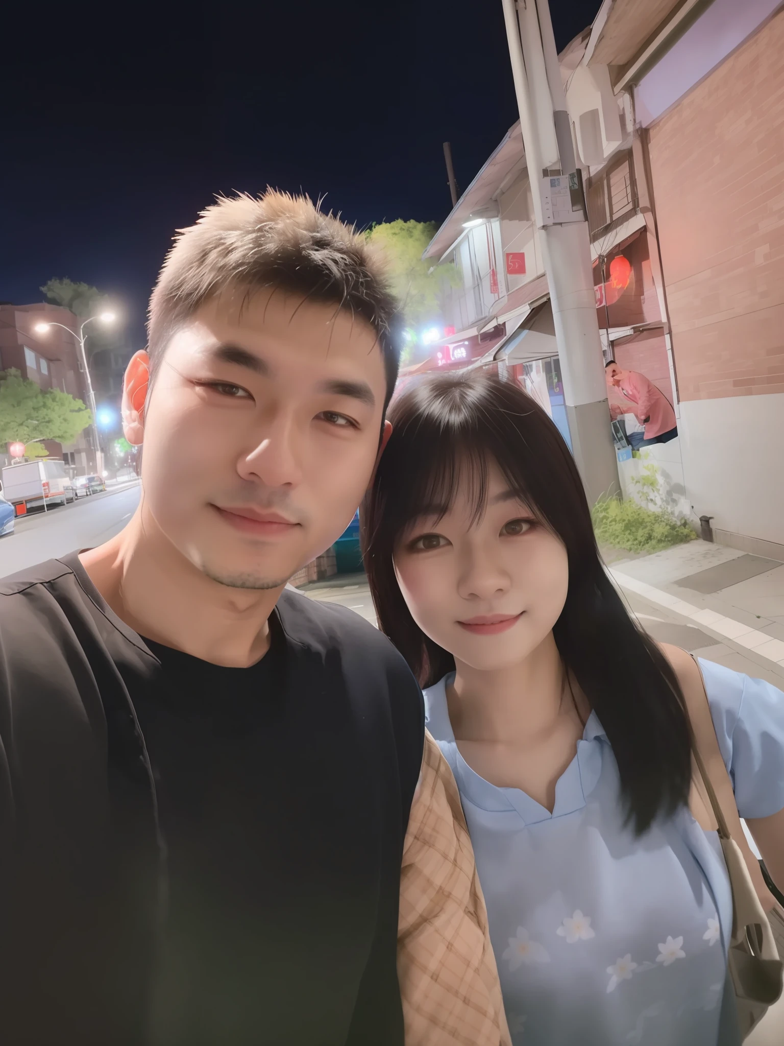 there is a man and woman standing next to each other on a street, 8k selfie photograph, Ruan Jia and Fenghua Zhong, cute couple, Happy couple, couple, in front of ramen shop, very very low quality picture, taken with sigma 2 0 mm f 1. 4, ruan jia and brom, night photo