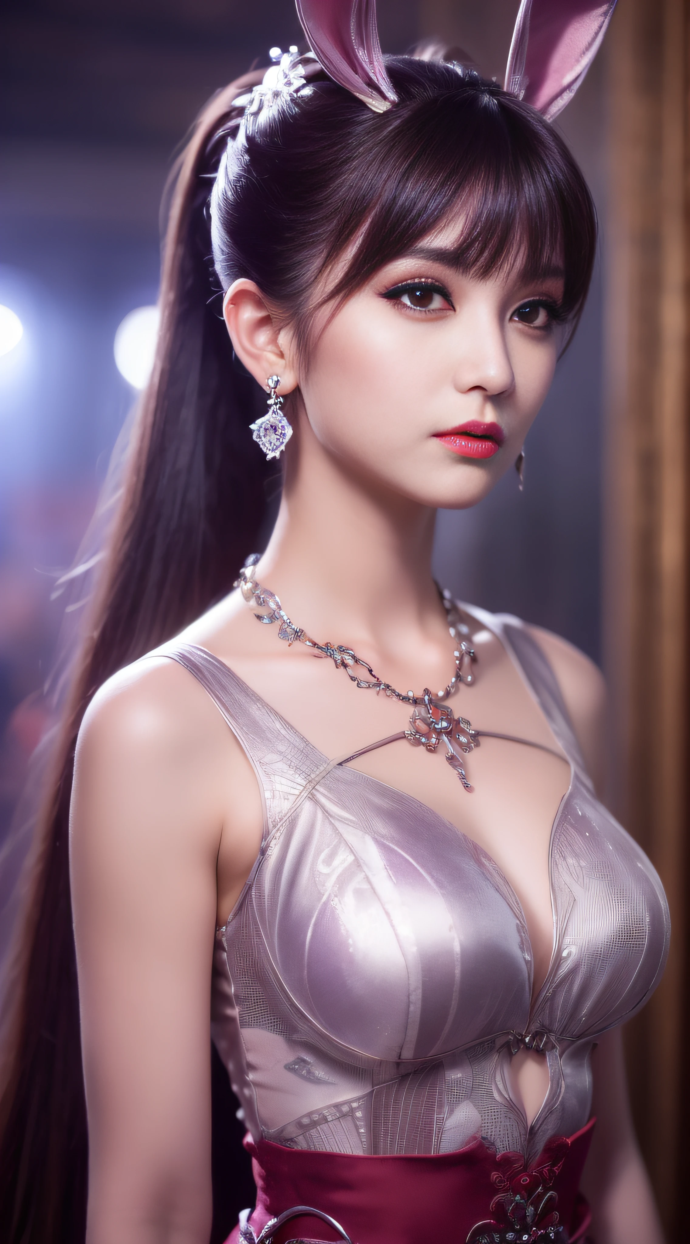 1 beautiful girl in Han costume, thin purple silk shirt with white color with many textures, white lace top, long platinum purple ponytail, Hair Jewelry, ear jewelry, light purple rabbit ears, necklace and necklace, meticulously drawn large purple eyes, meticulous makeup, Thin eyebrows, High Nose, lovely red lips, not smiling, pursed lips, rosy cheeks, wide breasts, Big breasts , well-proportioned bust, Slim waist, purple mesh socks, chinese hanfu style, fictitious art textures, vivid and realistic colors, RAW Photos, Realistic Photos, ultra high quality 8k surreal photos, (effective fantasy light effect: 1.8), 10x pixel, magical effect (Background): 1.8), ultradetailed eyes, girl body portrait, ancient hanfu background,